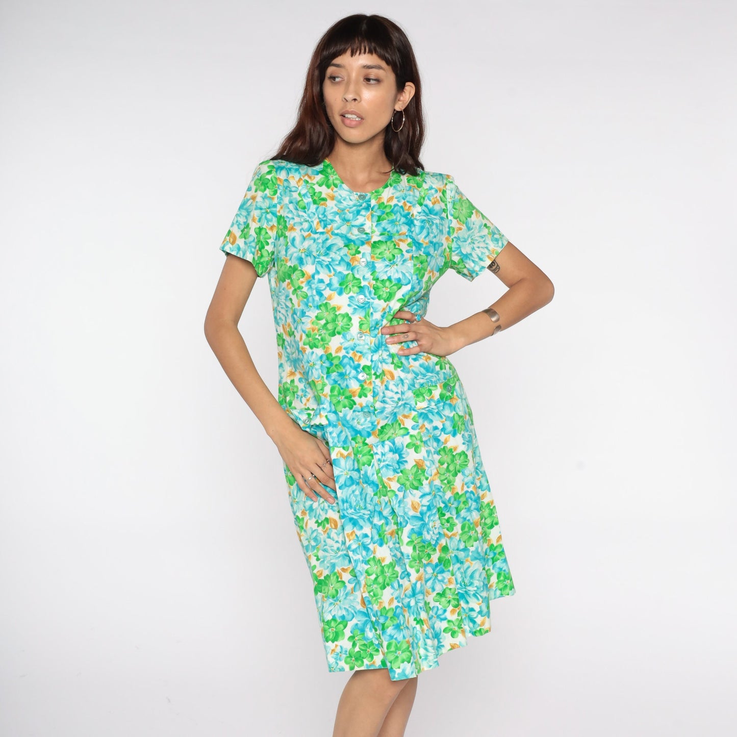60s Floral Print Button-Up Dress White Blue Green Knee-Length Medium