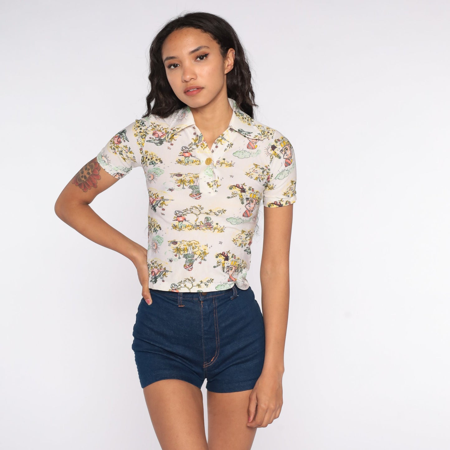 70s Children's Novelty Print Button-Up Shirt Short Sleeve Blouse XXS