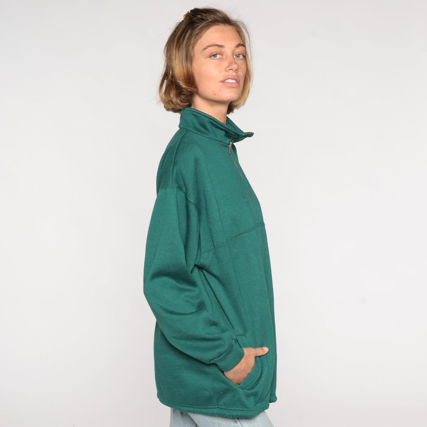 80s Bike Quarter Zip Sweatshirt Green Graphic Pullover Large L