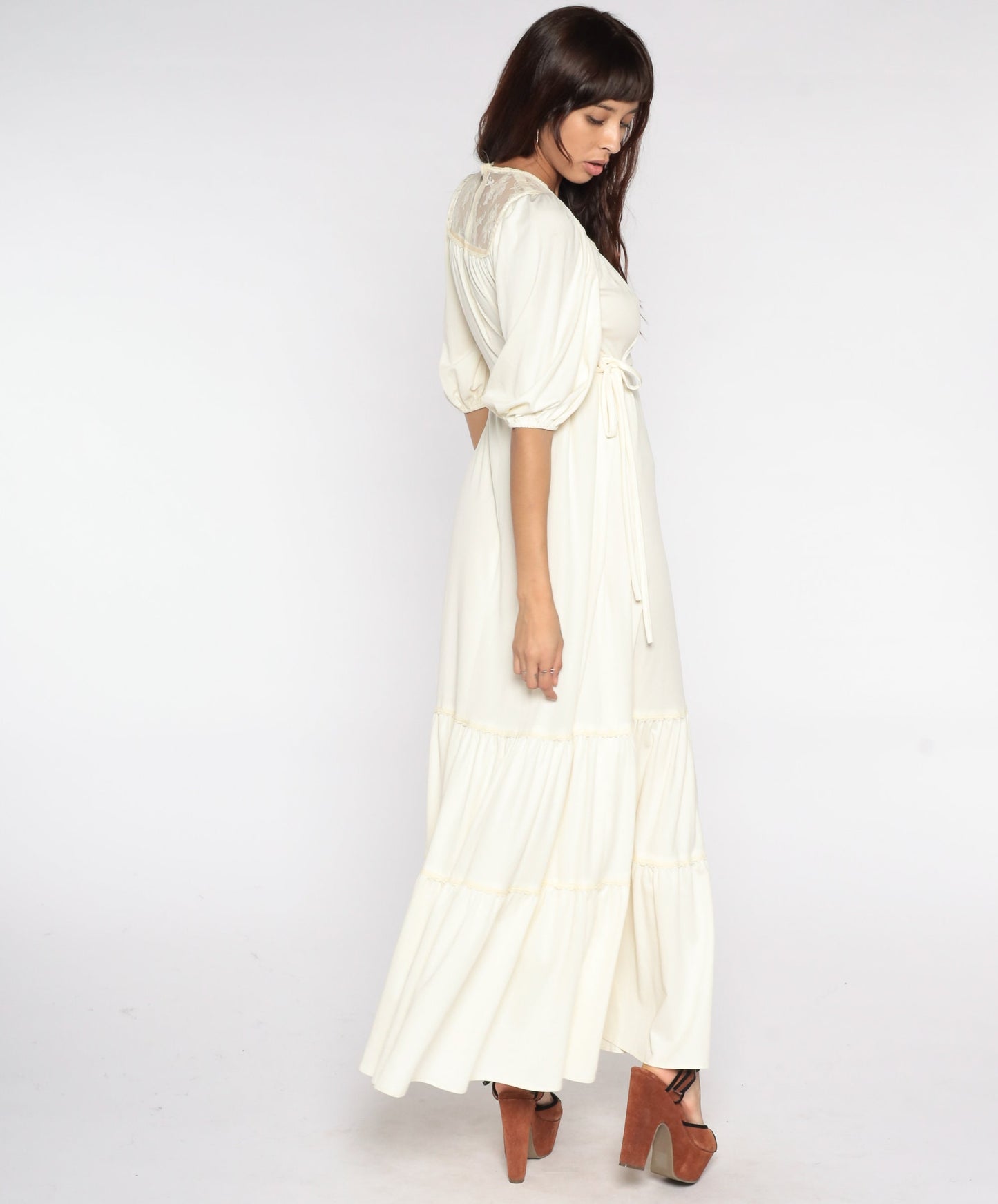 1970s Cream Lace Maxi Dress Puff Sleeve High Waist Tiered Small