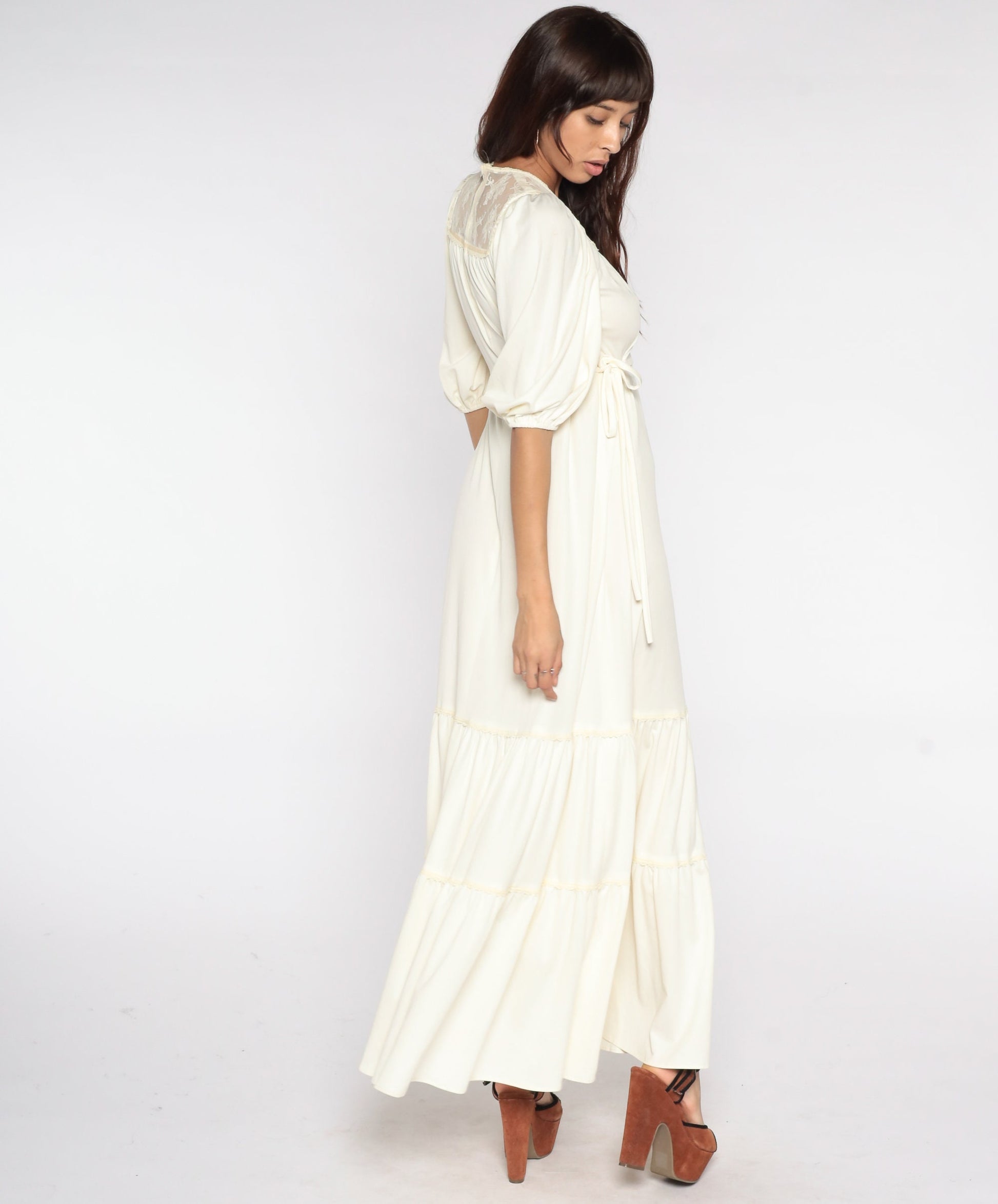 1970s Cream Lace Maxi Dress Puff Sleeve High Waist Tiered Small
