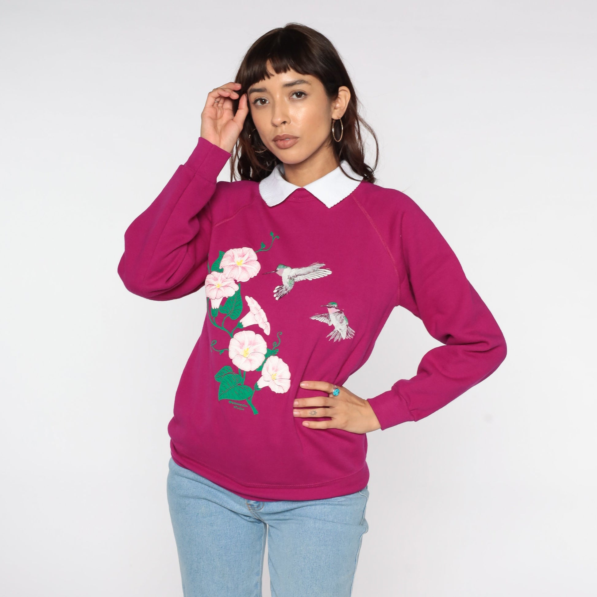 80s Hummingbird Floral Sweatshirt Magenta Graphic Collared Crewneck Medium