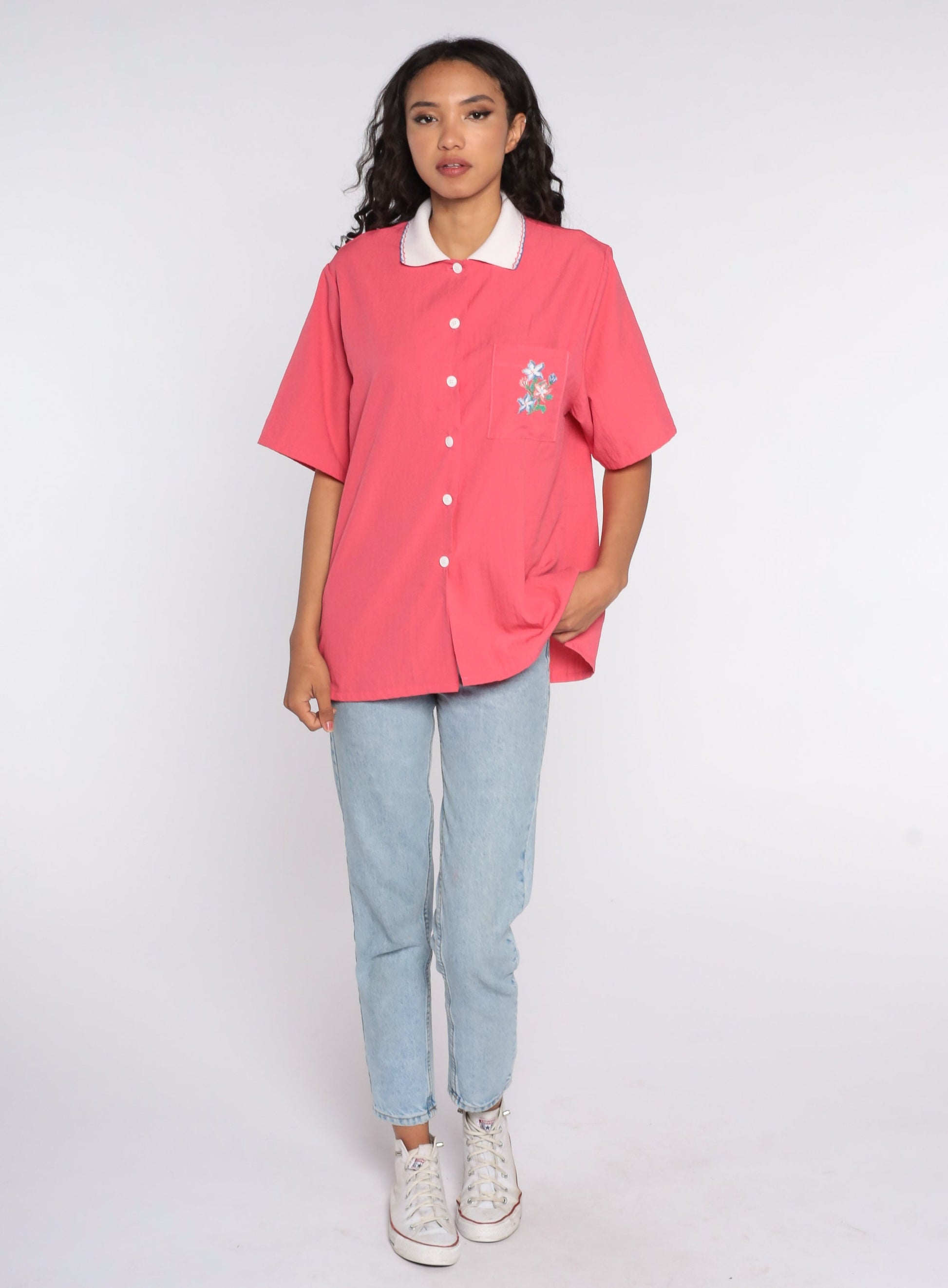 90s Bonworth Floral Button Up Blouse Pink Pocket Shirt Extra Large