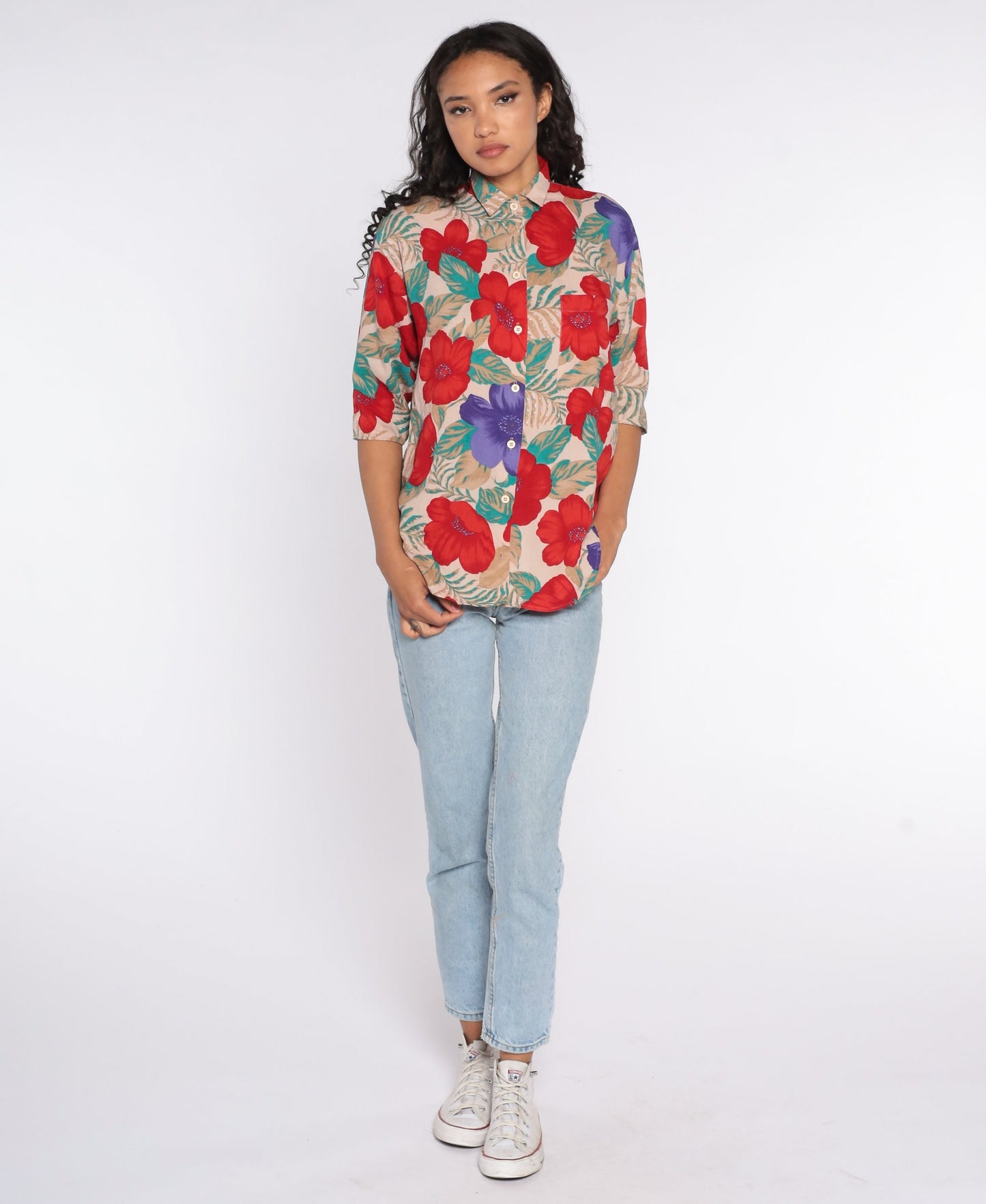 90s Floral Rayon Button-Up Blouse Taupe Red Flower Print Small