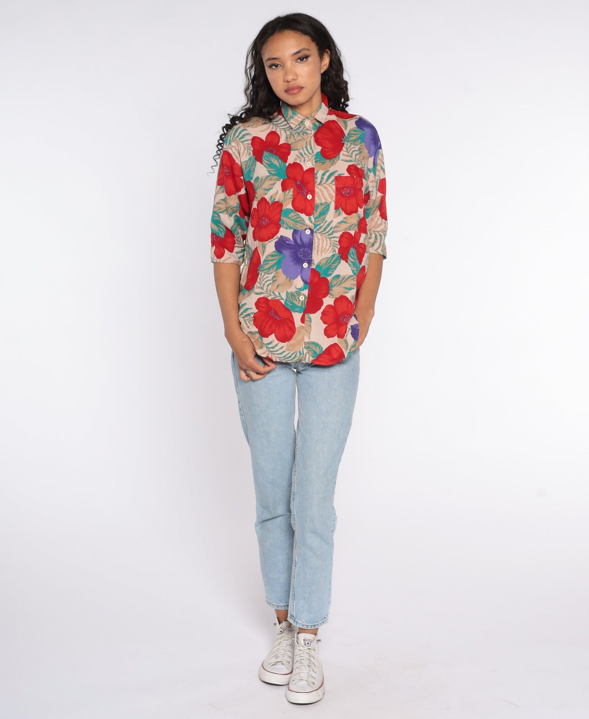 90s Floral Rayon Button-Up Blouse Taupe Red Flower Print Small