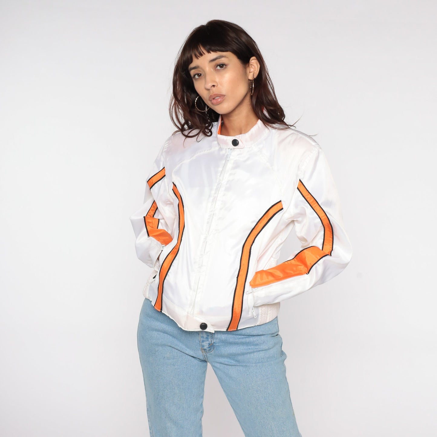 80s White Moto Jacket Orange Stripes Cafe Racer Windbreaker Medium