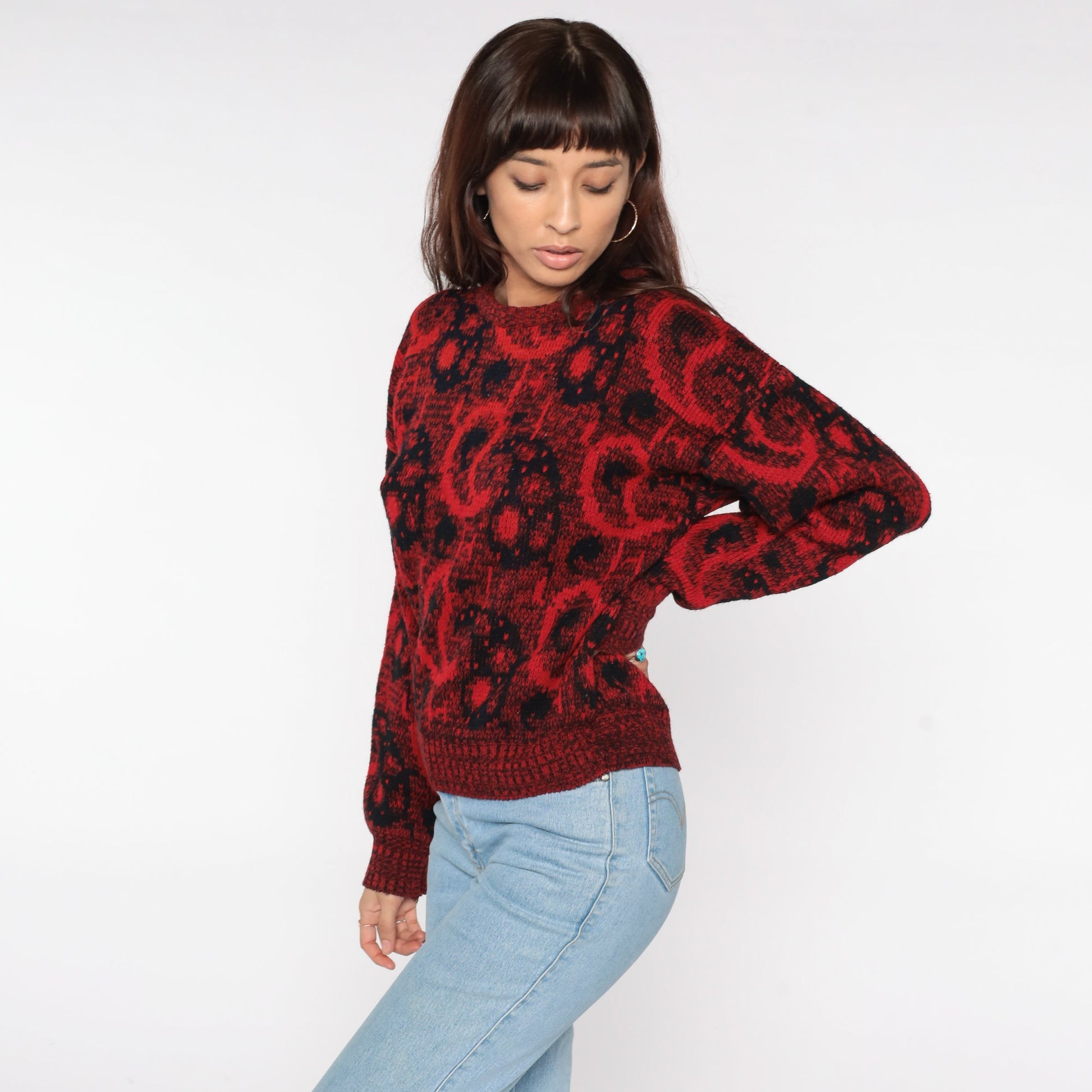80s Paisley Pullover Sweater Red Black Acrylic Knit Medium