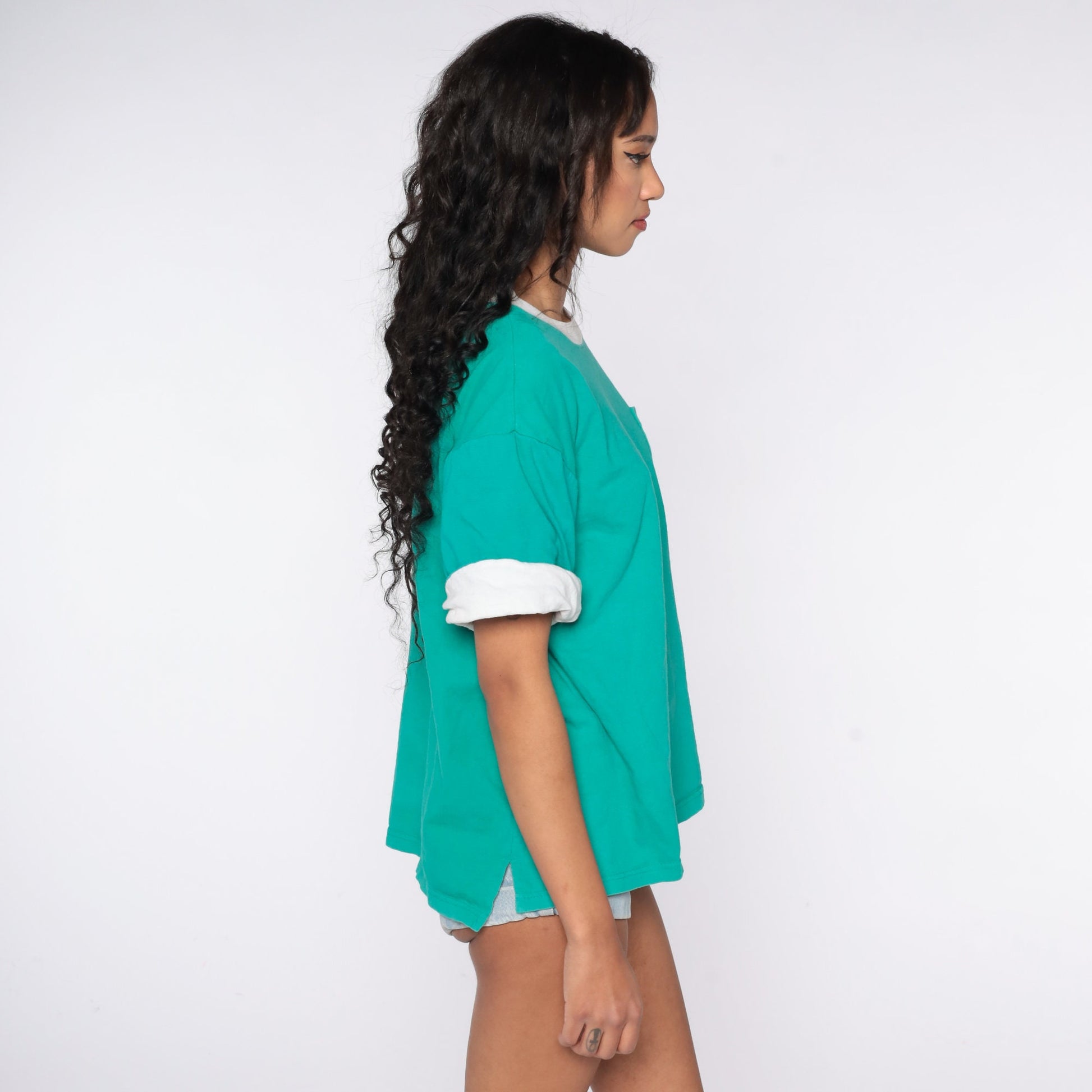 80s Green Cotton T-Shirt Pocket Chest Cuffed Sleeves Medium