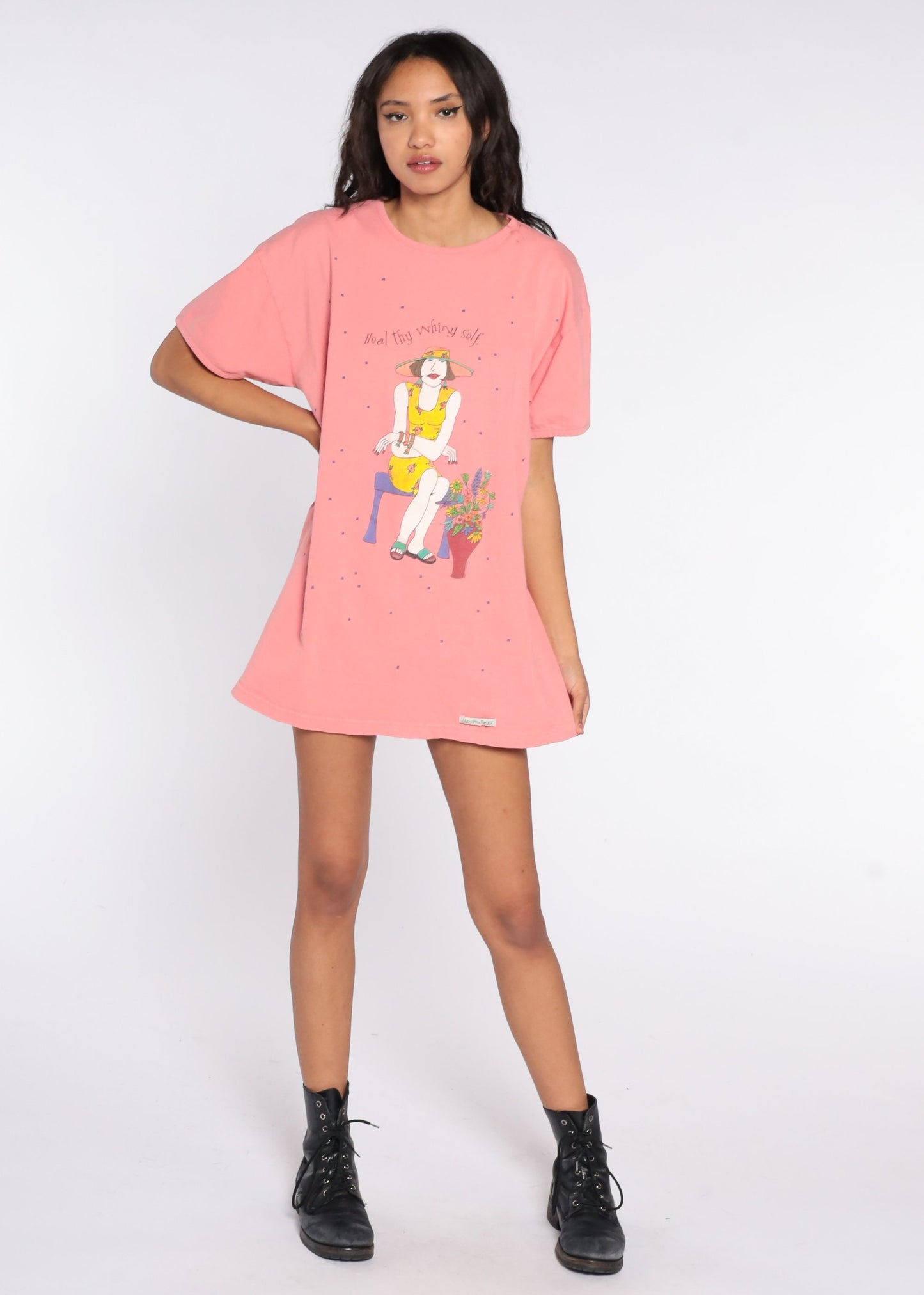 00s Heal Thy Whiny Self Graphic T Shirt Dress Cotton Knee Mini Small