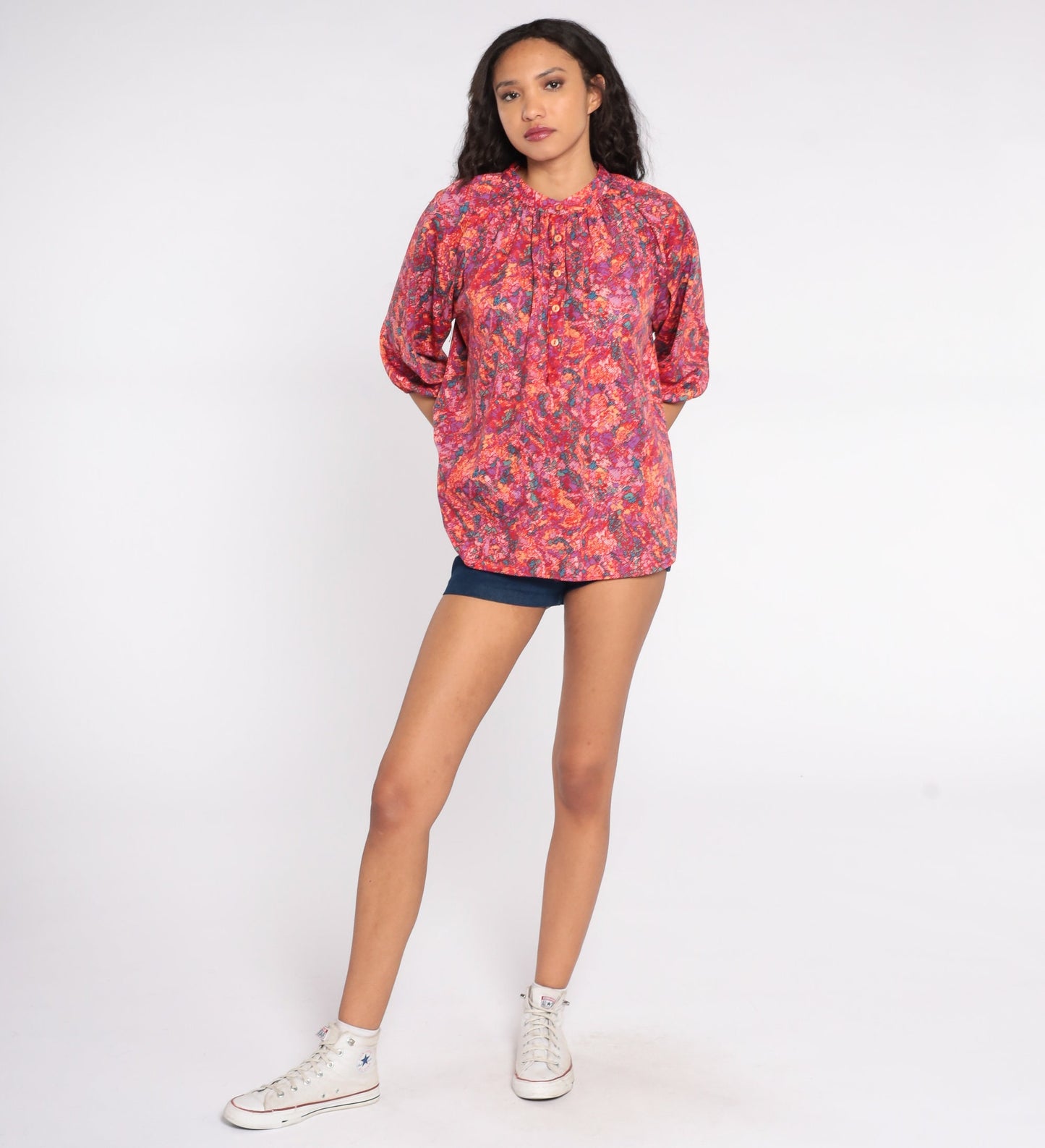 70s Psychedelic Abstract Button-Up Blouse Long Sleeve Tunic Shirt Medium Large