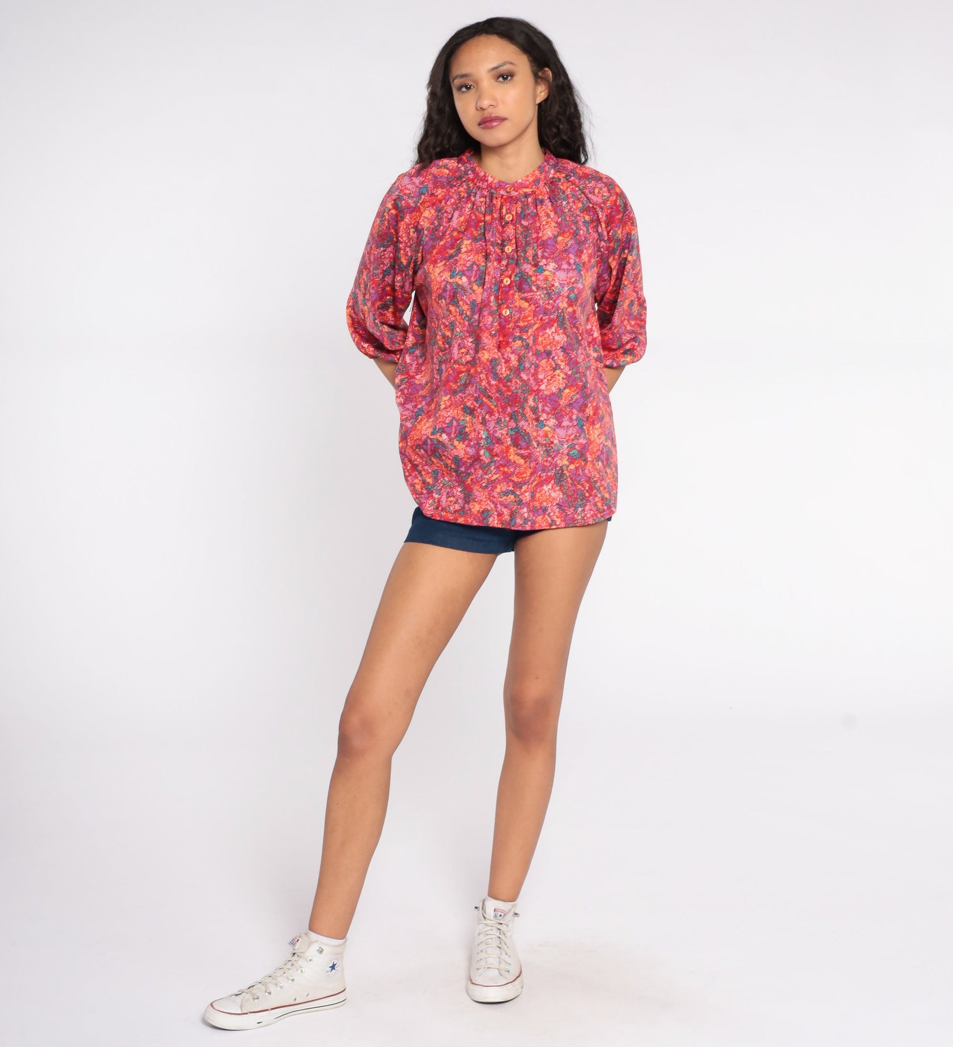 70s Psychedelic Abstract Button-Up Blouse Long Sleeve Tunic Shirt Medium Large
