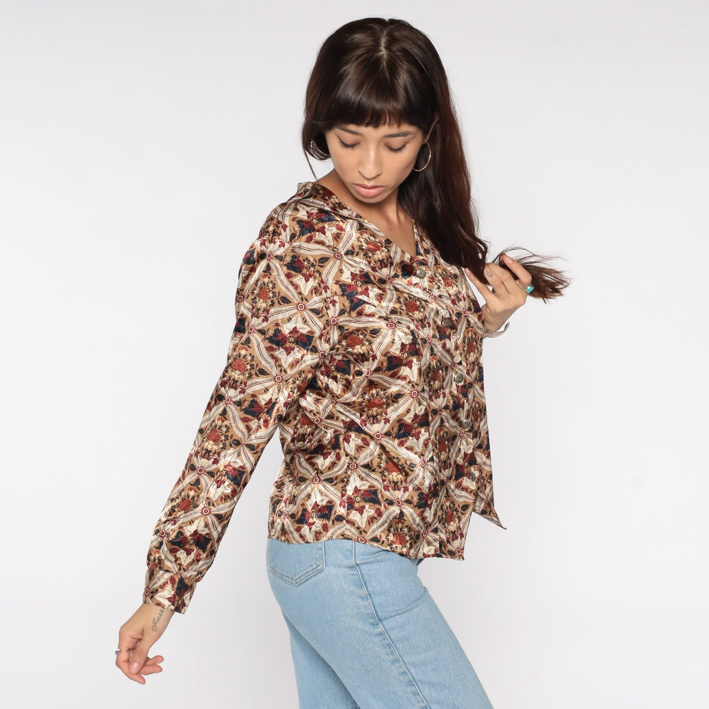 90s Geometric Floral Button Up Blouse Tan Long Sleeve Large