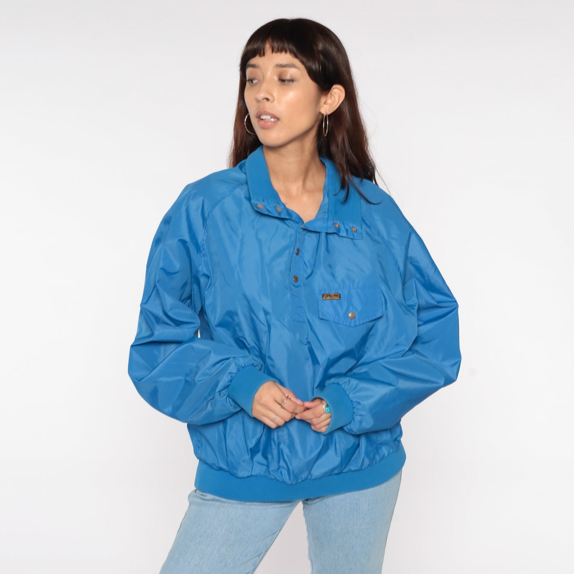 80s Eddie Bauer Half-Snap Windbreaker Pullover Blue Nylon Shell Extra Large