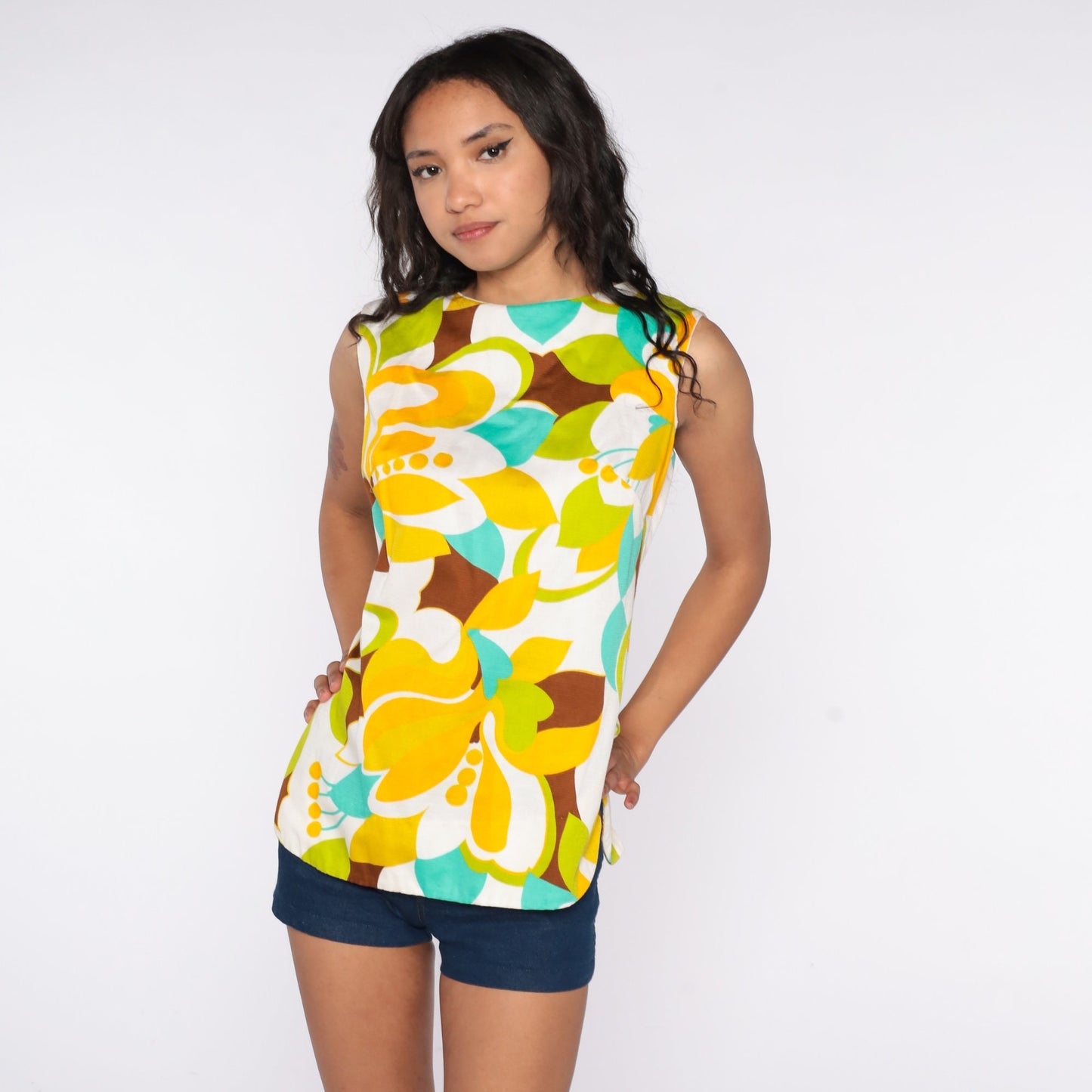 70s Floral Tank Top Tropical Print Sleeveless Blouse Medium