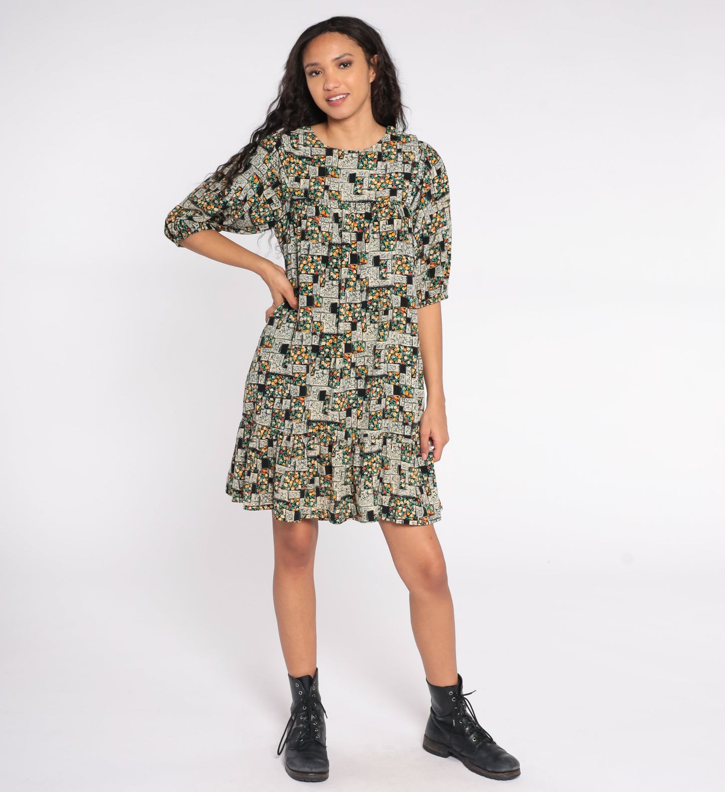 80s Floral Mini Dress Tent Cut Puff Sleeve Black Green Small S