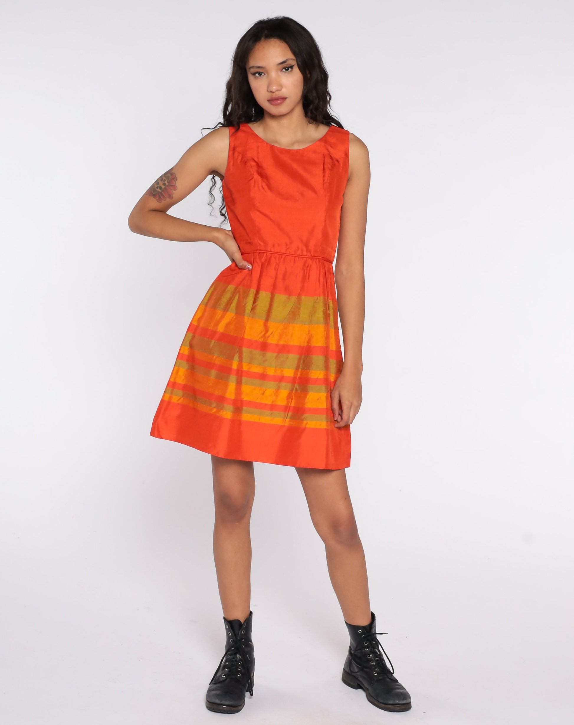 60s Orange Striped Mini Dress High Waist Sleeveless Cocktail Small