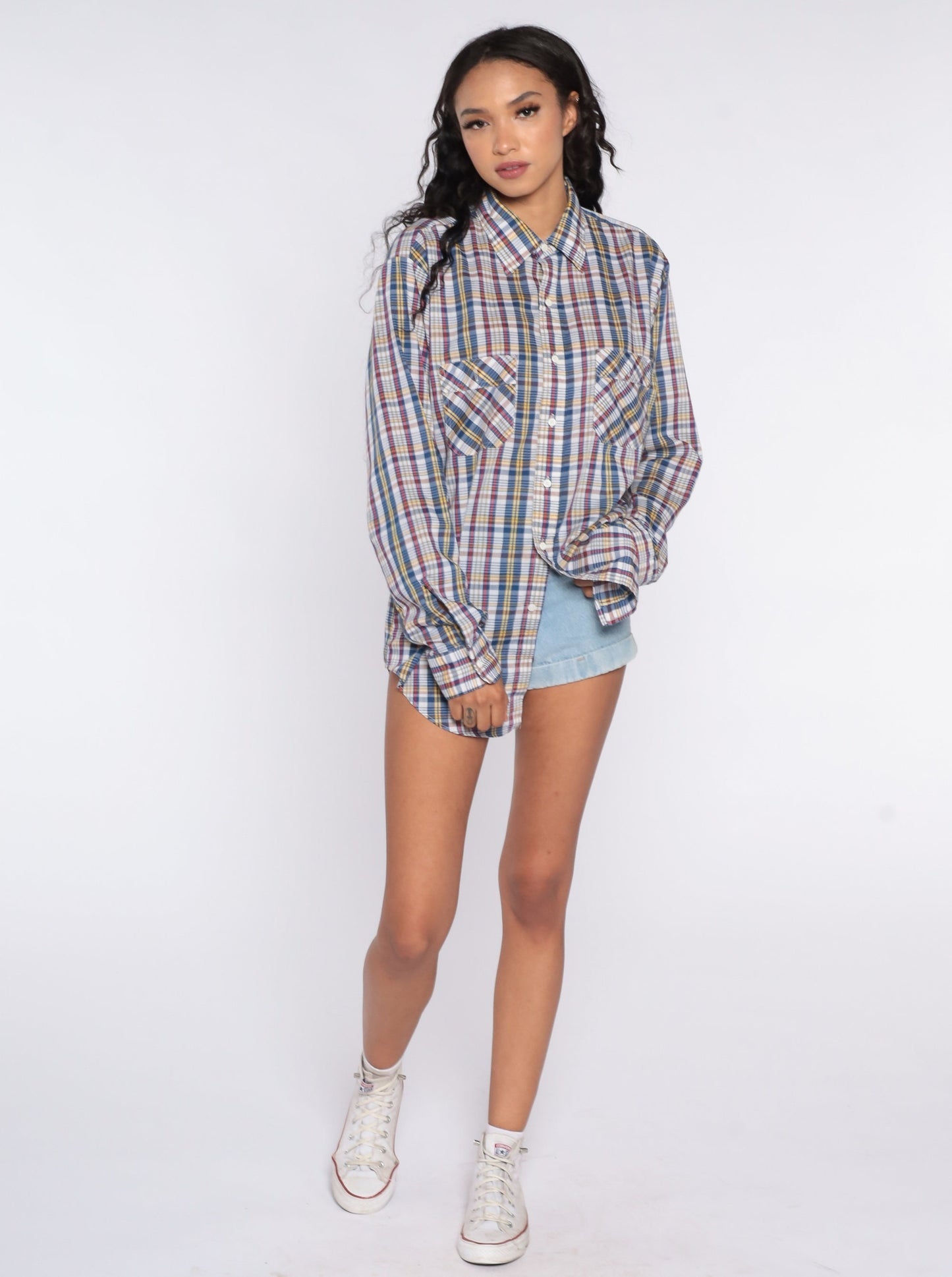 80s Blue Red Plaid Button-Up Shirt Cotton Checkered Oxford Large