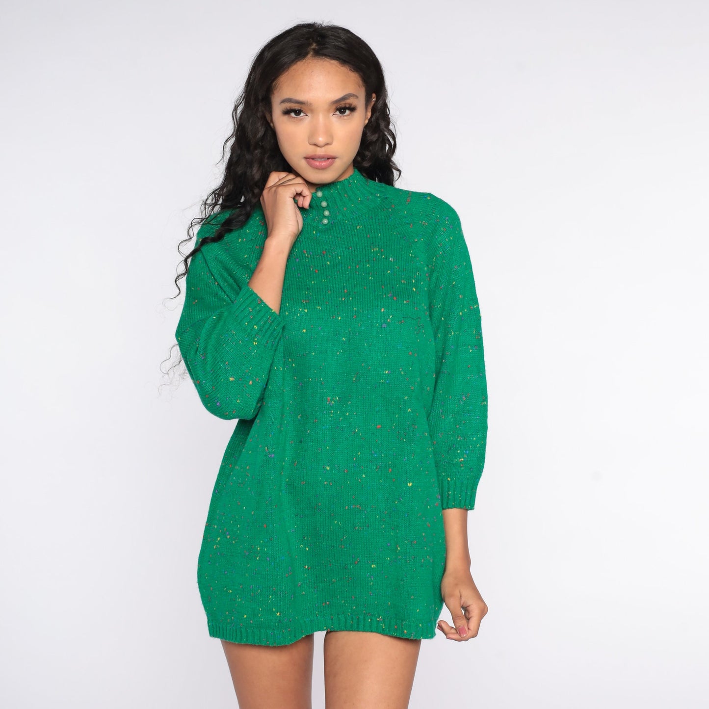 70s Green Flecked Wool Knit Sweater Mock Neck Longline Pullover One Size