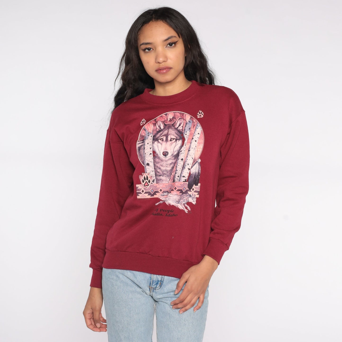 90s Wolf People Cocolalla Idaho Graphic Sweatshirt Burgundy Small