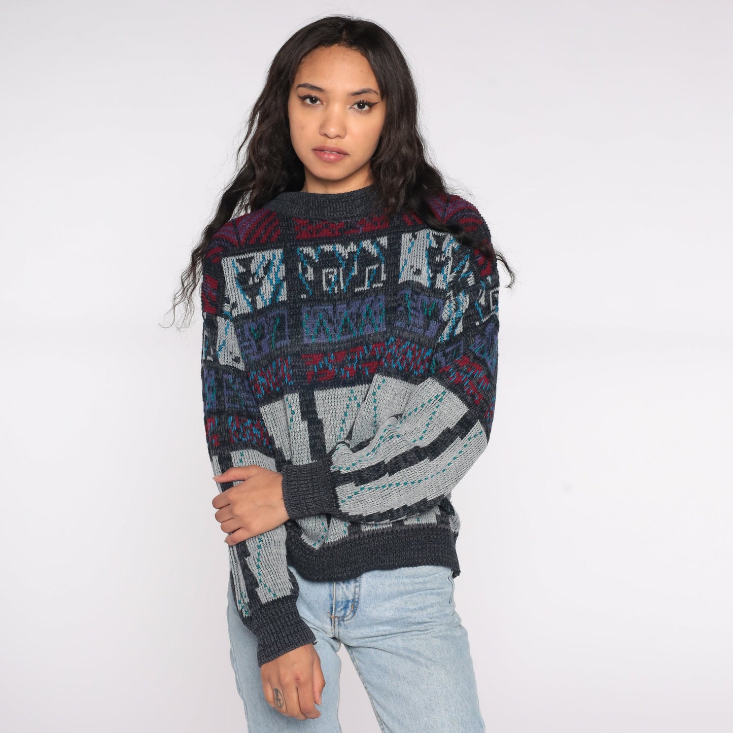 90s Geometric Sweater Charcoal Grey Red Knit Crewneck Large