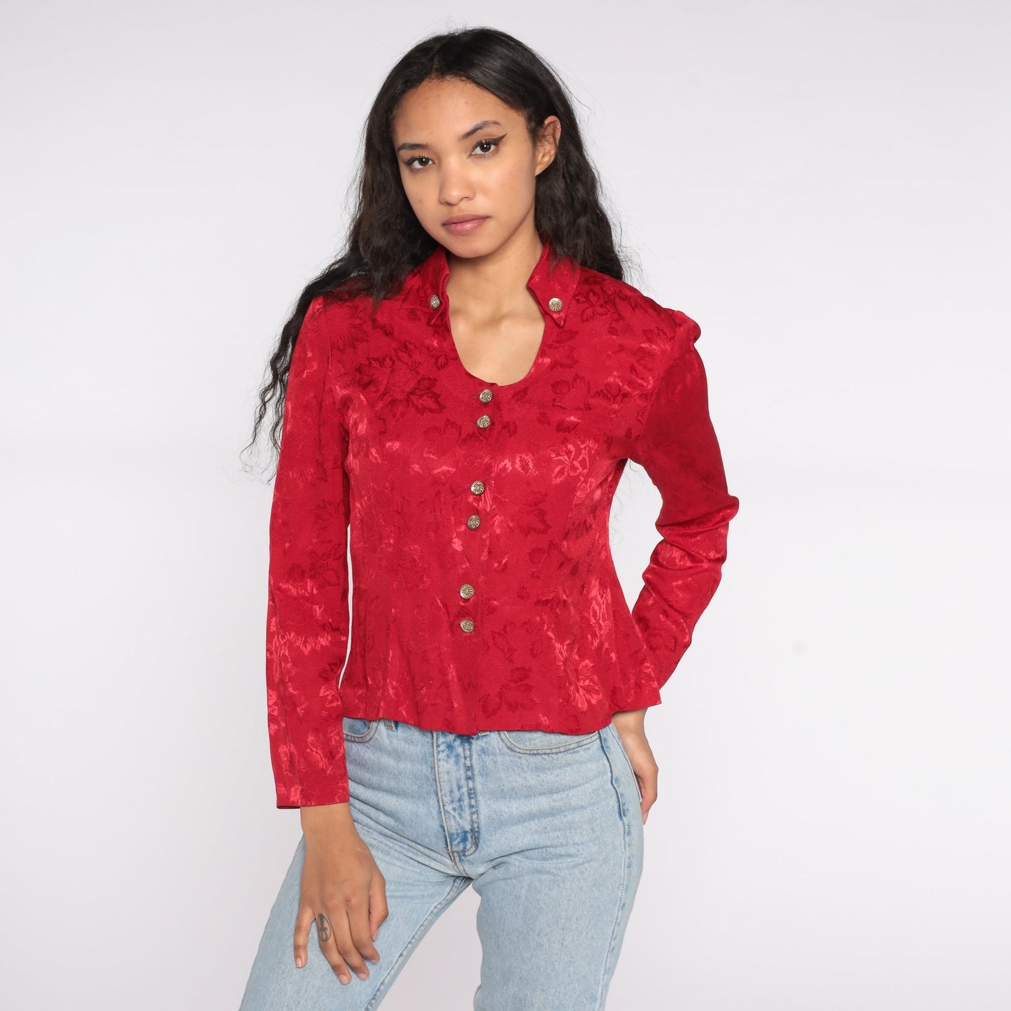 90s Red Leaf Embossed Button-Up Blouse Long Sleeve Medium M