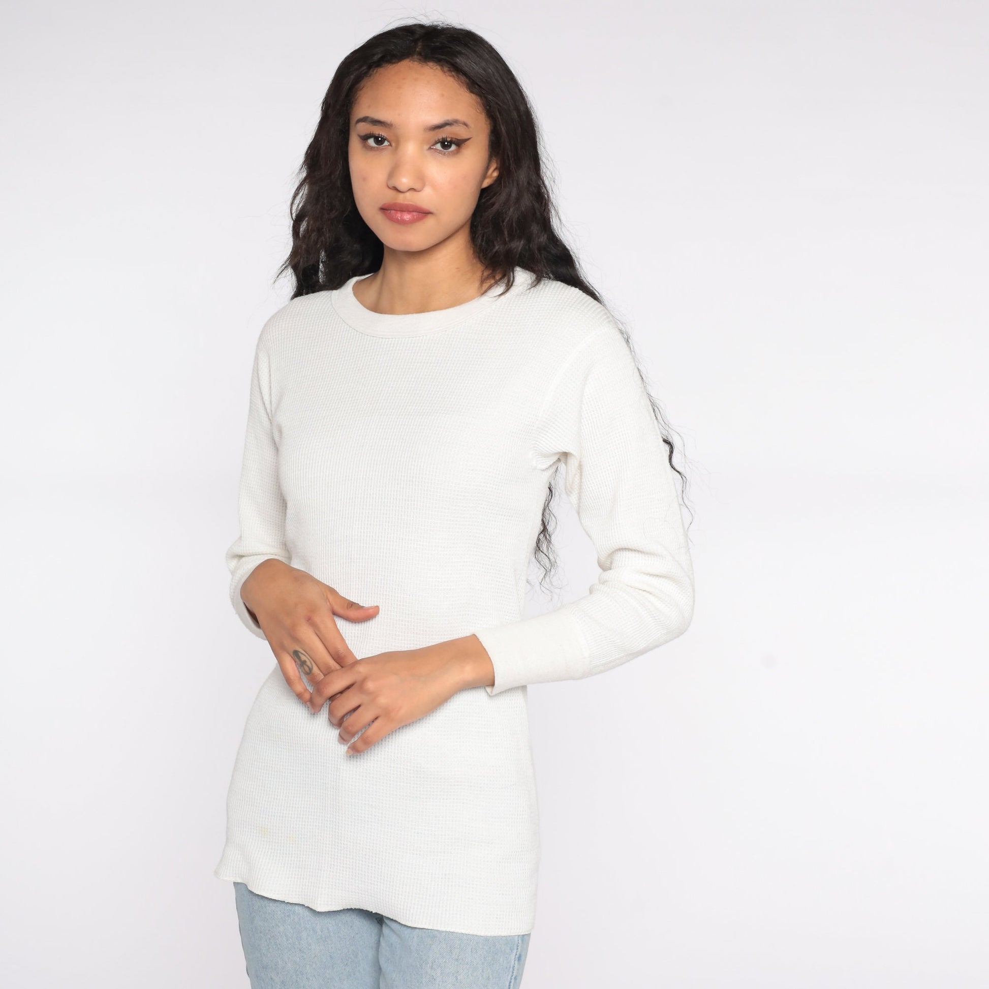 80s White Waffle Knit Thermal Long Sleeve Undershirt Medium