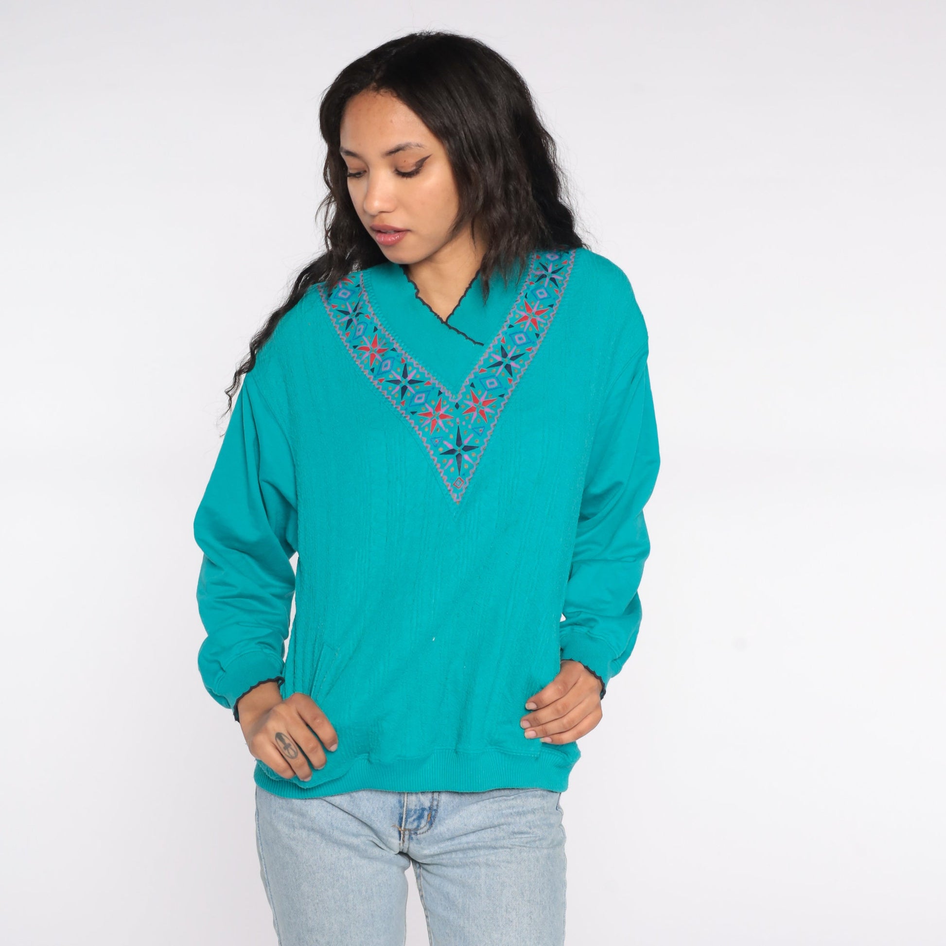 80s Teal Geometric Necklace Print Sweatshirt Scalloped Collar Medium