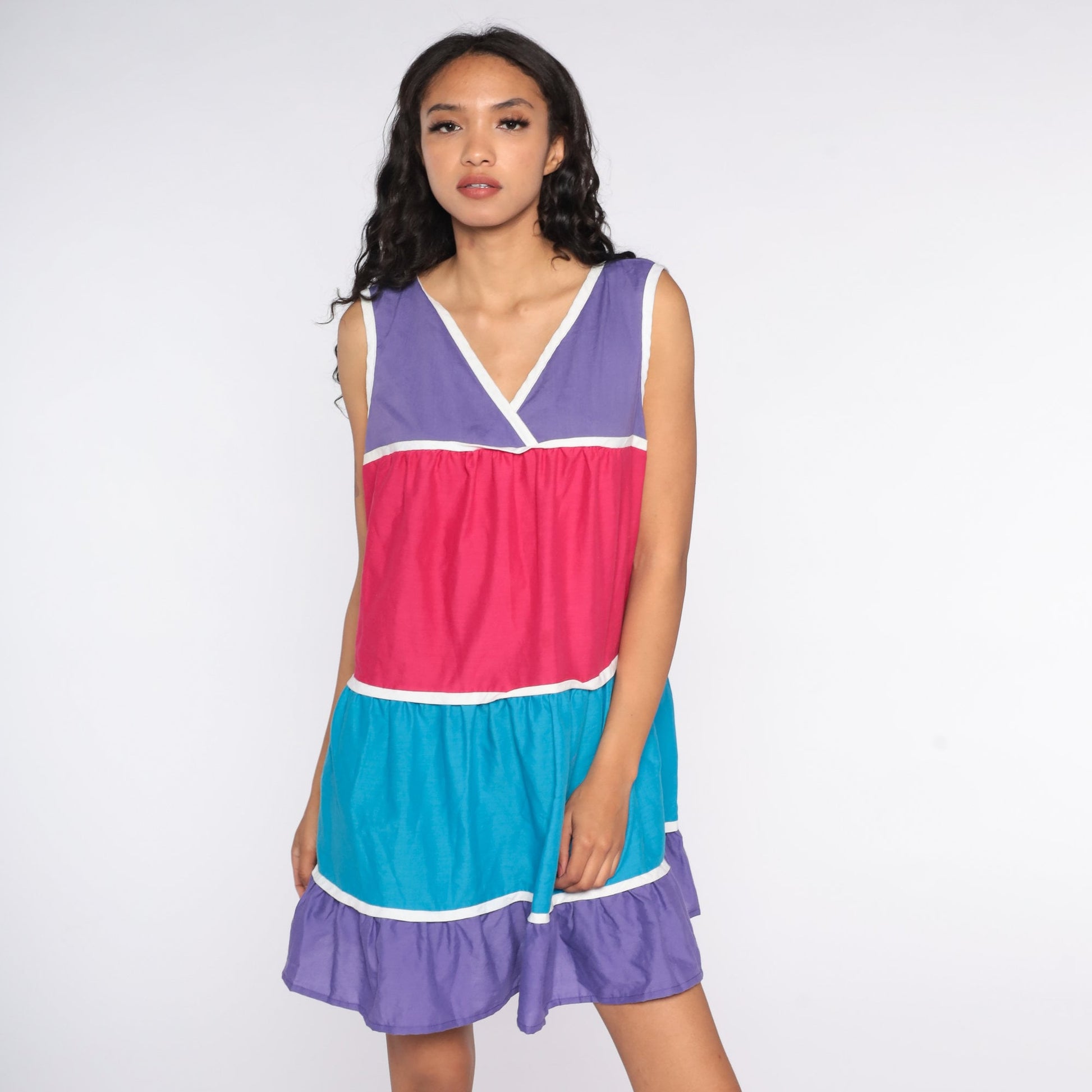 80s Color Block Mini Tank Dress Pink Purple Striped Tent Cut Large L