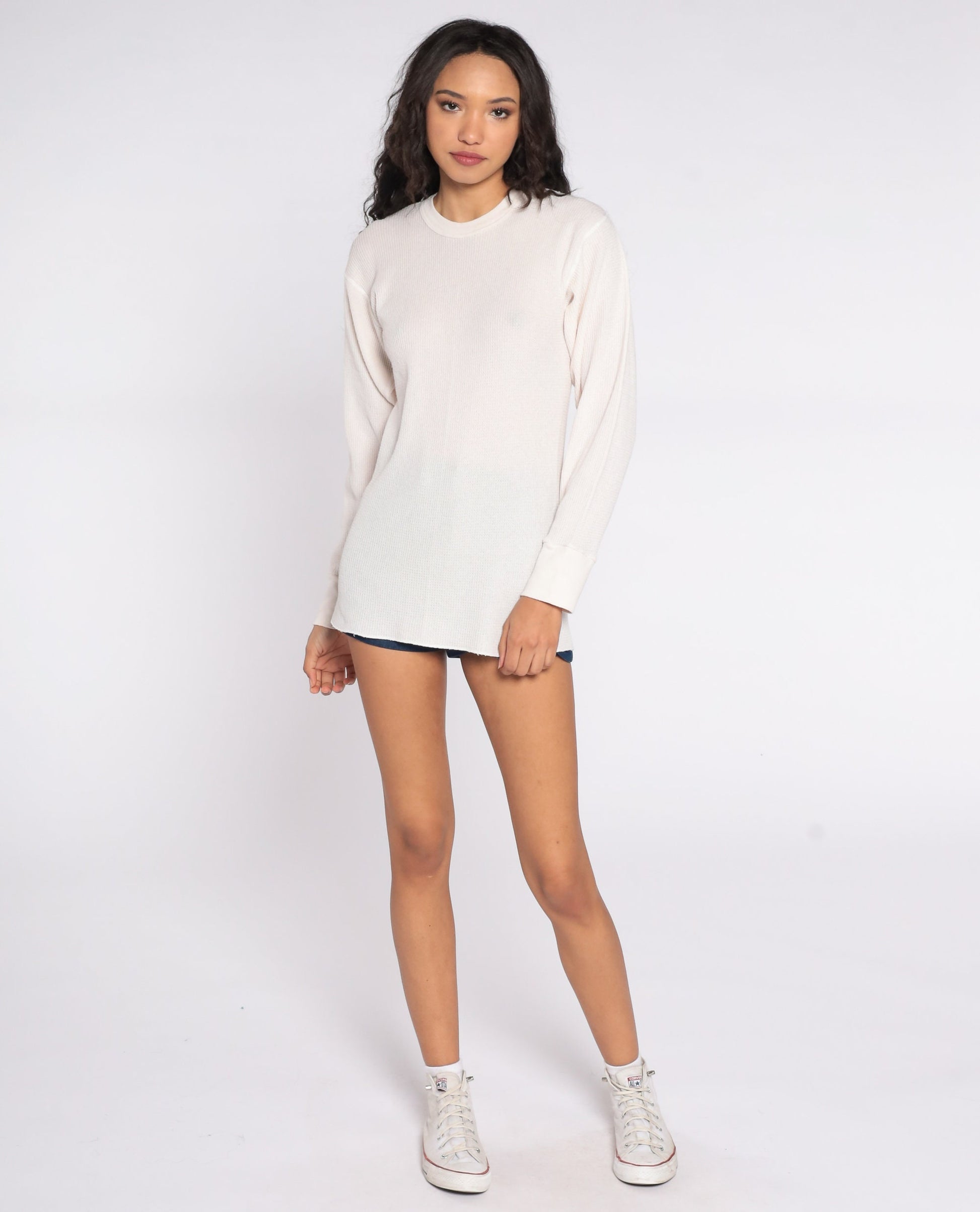 80s Off-White Waffle Knit Thermal Long Sleeve Shirt Extra Large XL