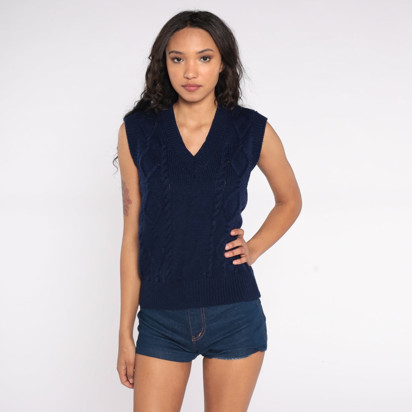 80s Navy Cable Knit Sweater Vest Sleeveless V-Neck Medium