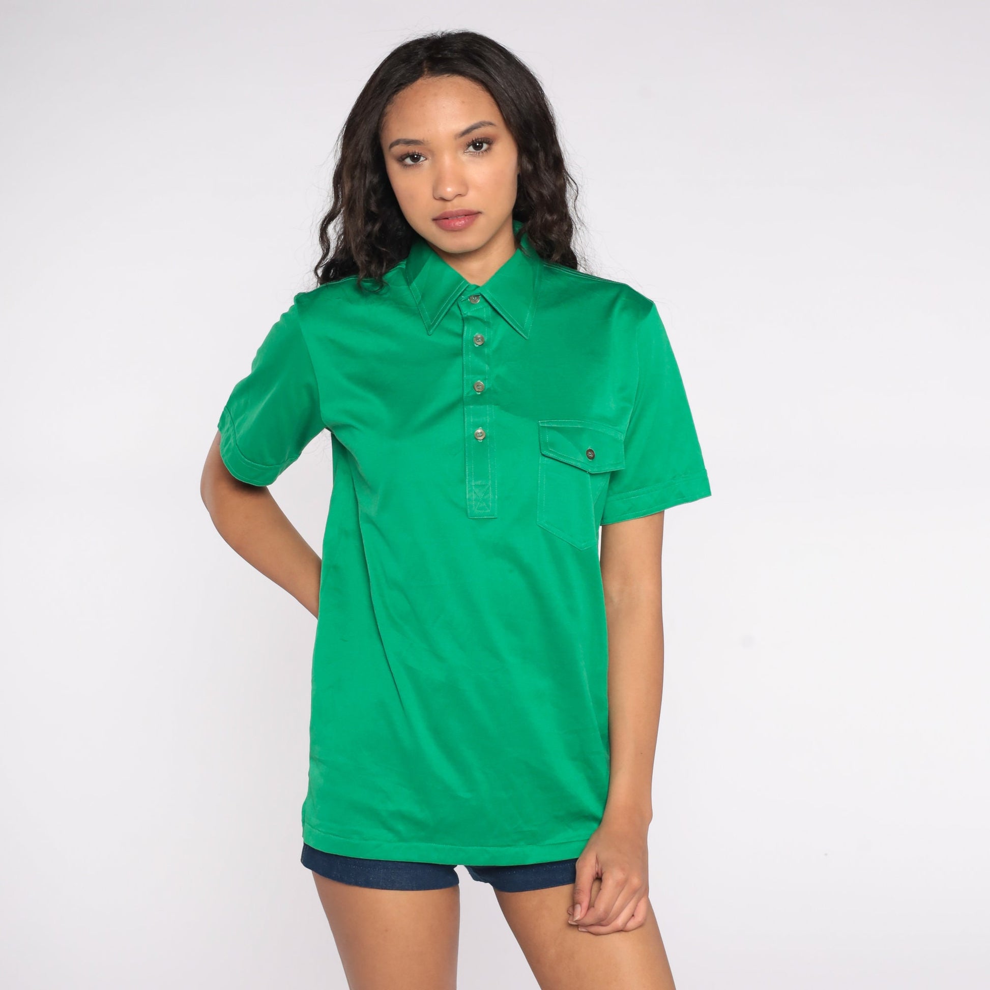 70s Green Polo Shirt Half Button Cotton Blend Short Sleeve Small