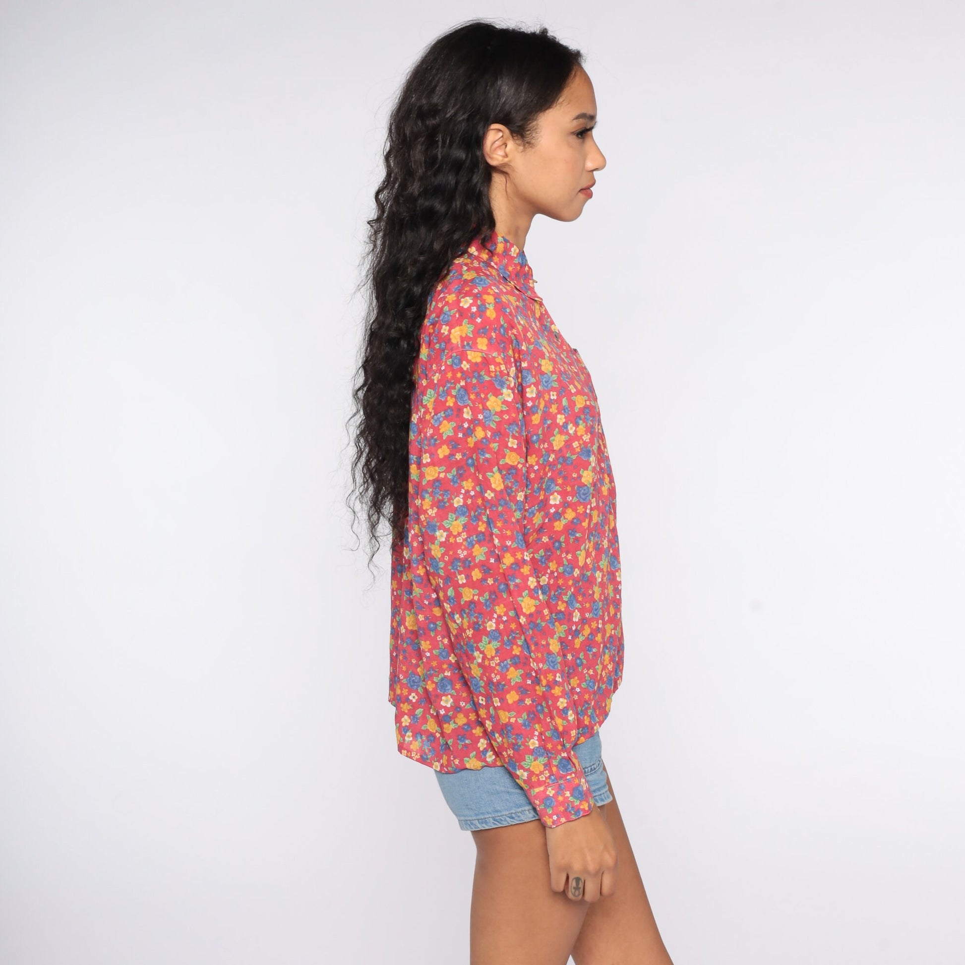 80s Pink Floral Button-Up Blouse Long Sleeve Vintage Shirt Extra Large XL