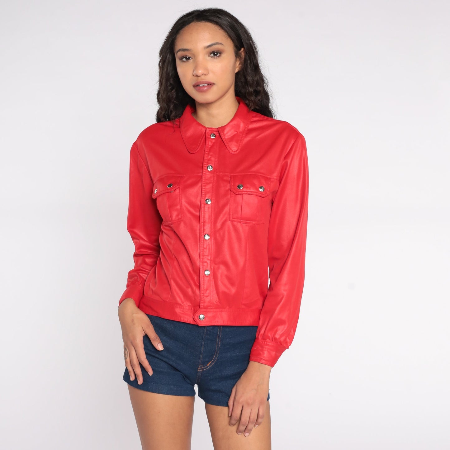 70s Red Shimmery Biker Blouse Snap-Front Long Sleeve Shirt Small