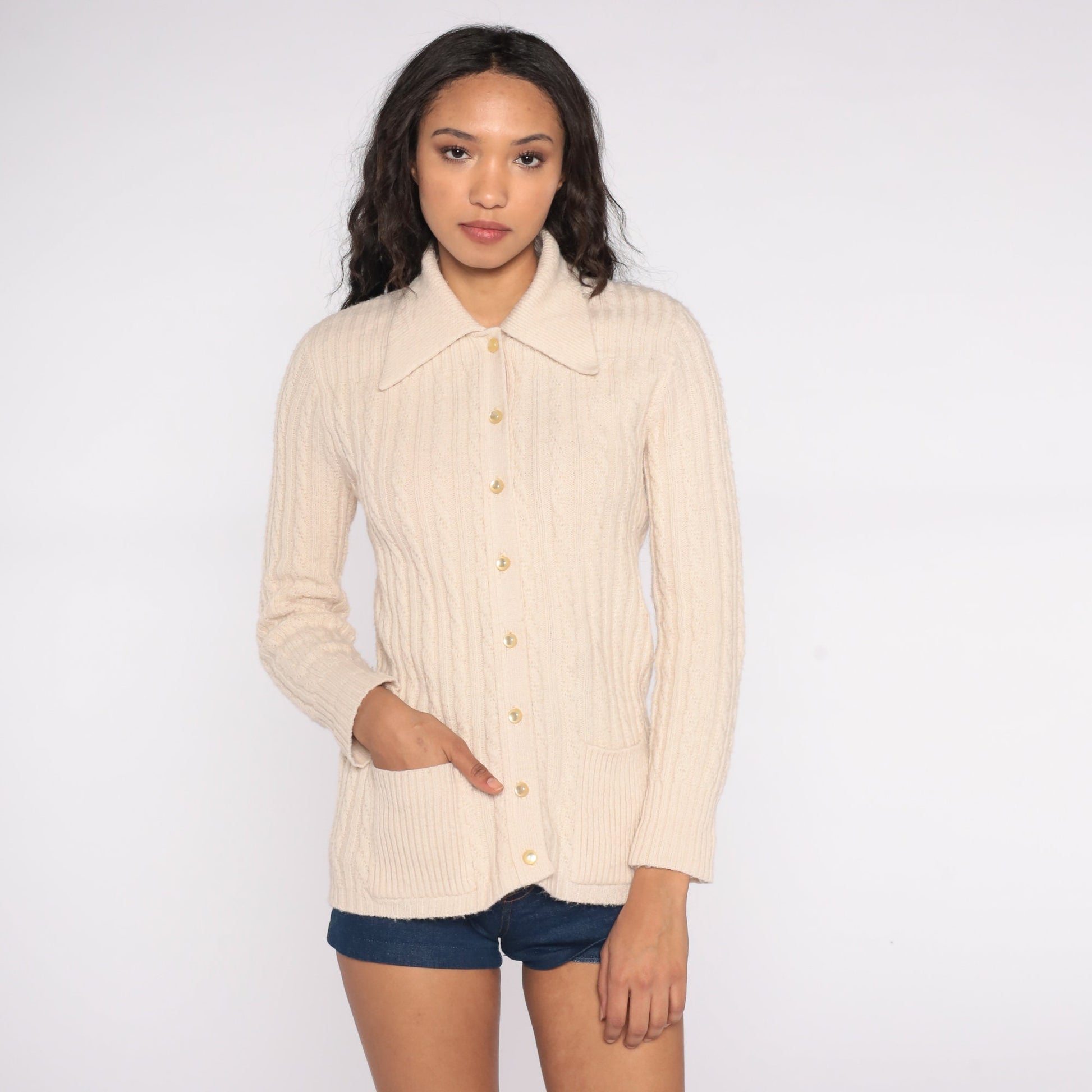 70s Cream Cable Knit Cardigan Dagger Collar Button Up Small