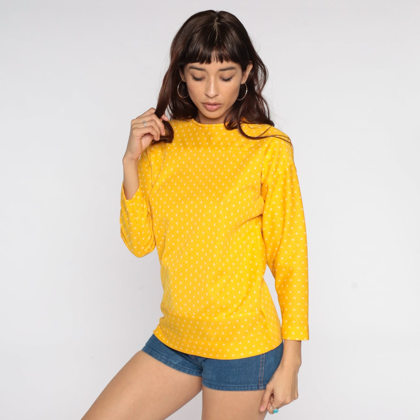 70s Yellow Polka Dot Blouse Drop Shoulder Long Sleeve Polyester Top Medium