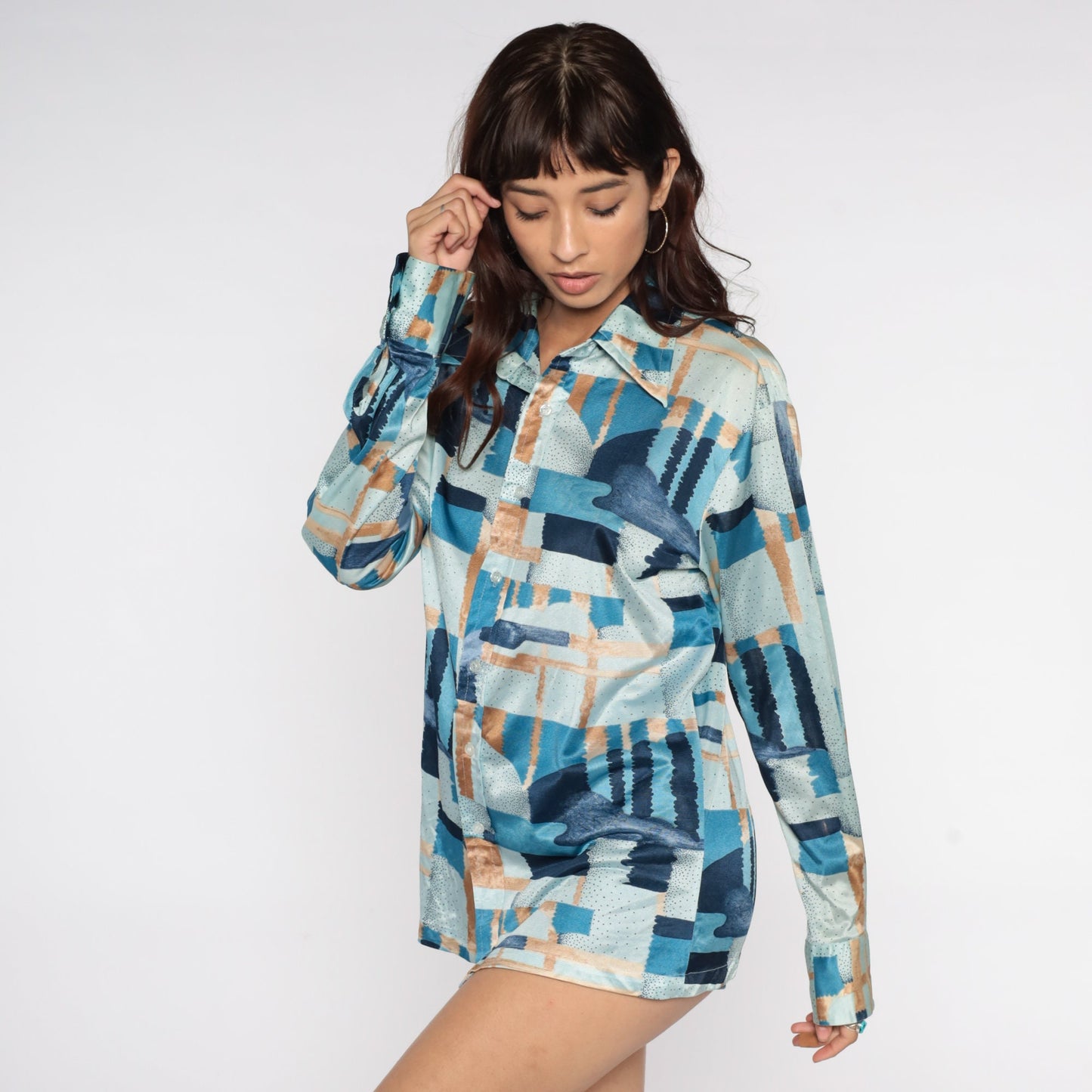 70s Opus I Psychedelic Print Button-Up Shirt Long Sleeve Blue Brushstroke Large