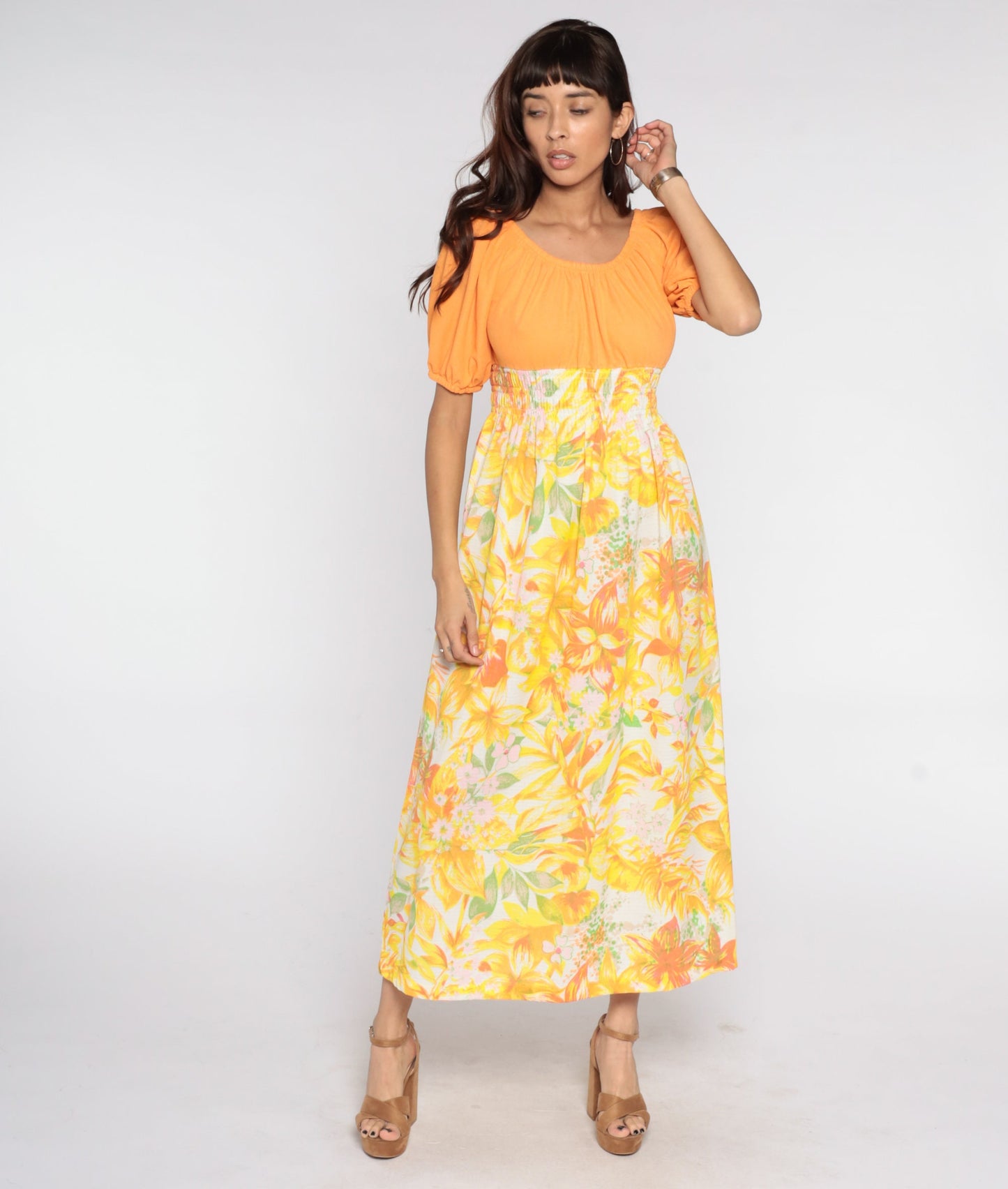 70s Floral Maxi Dress Orange Smocked Empire Waist Peasant Medium
