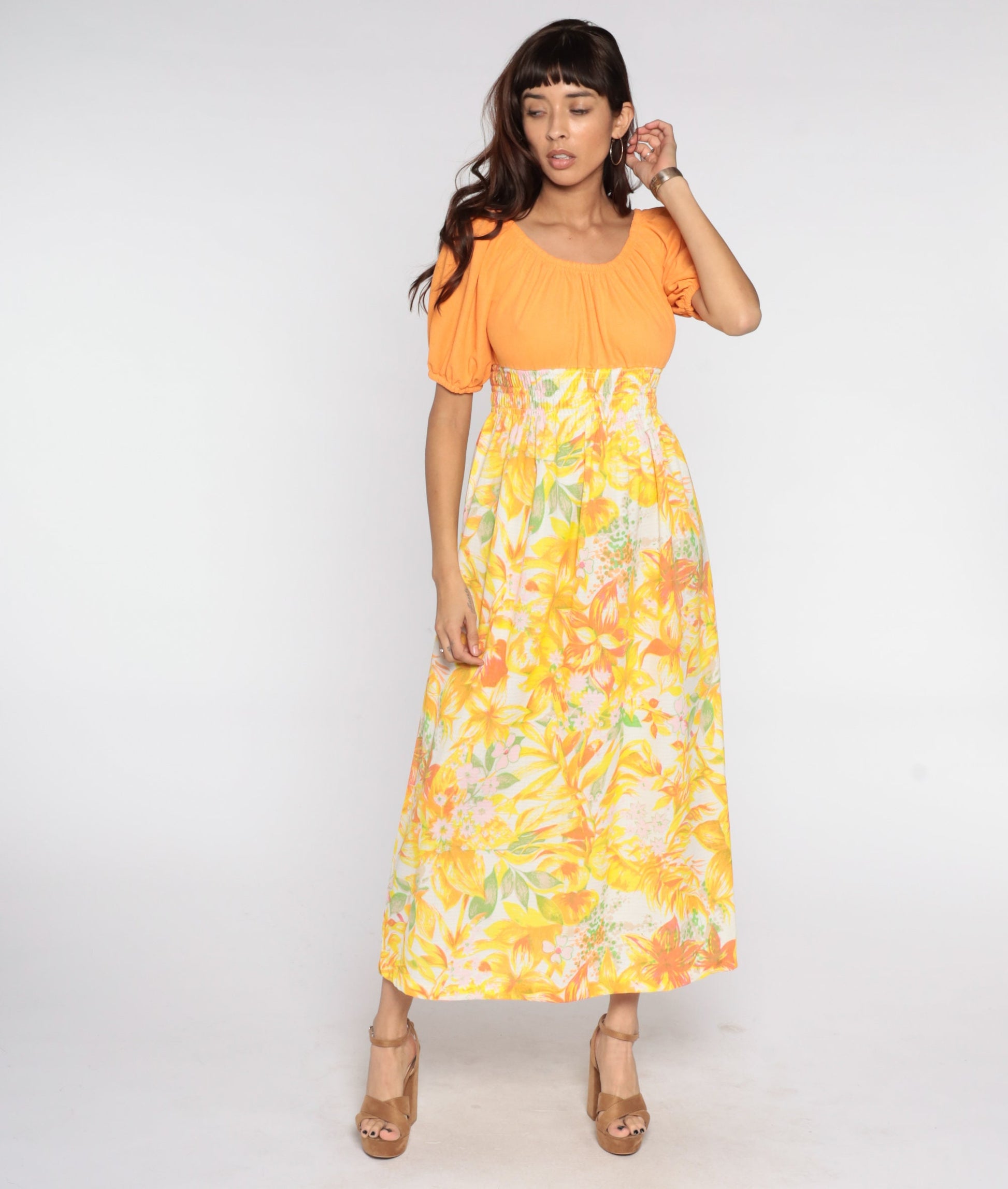 70s Floral Maxi Dress Orange Smocked Empire Waist Peasant Medium