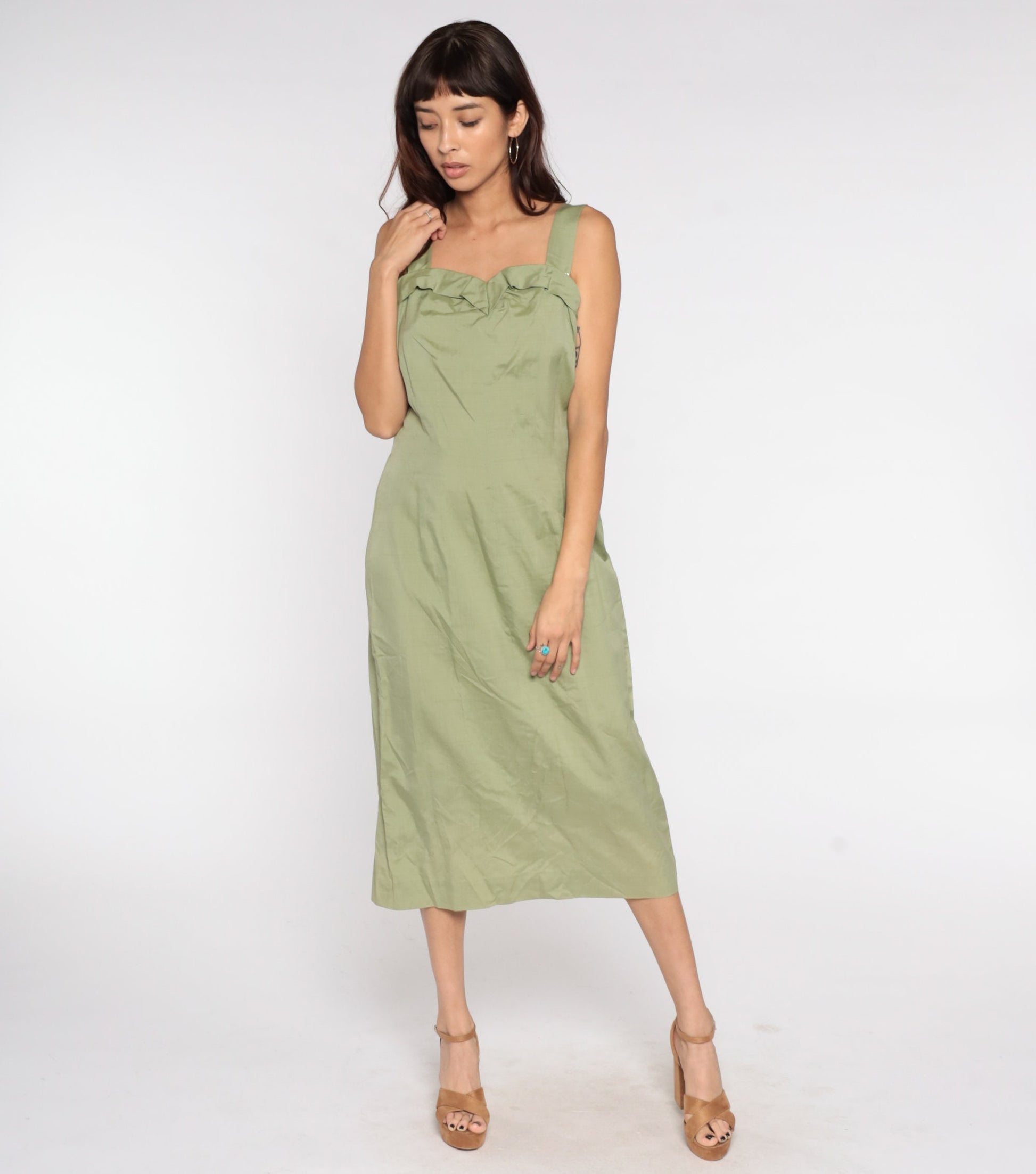 1950s Avocado Green Pencil Dress Sleeveless Tank Sheath Midi Large