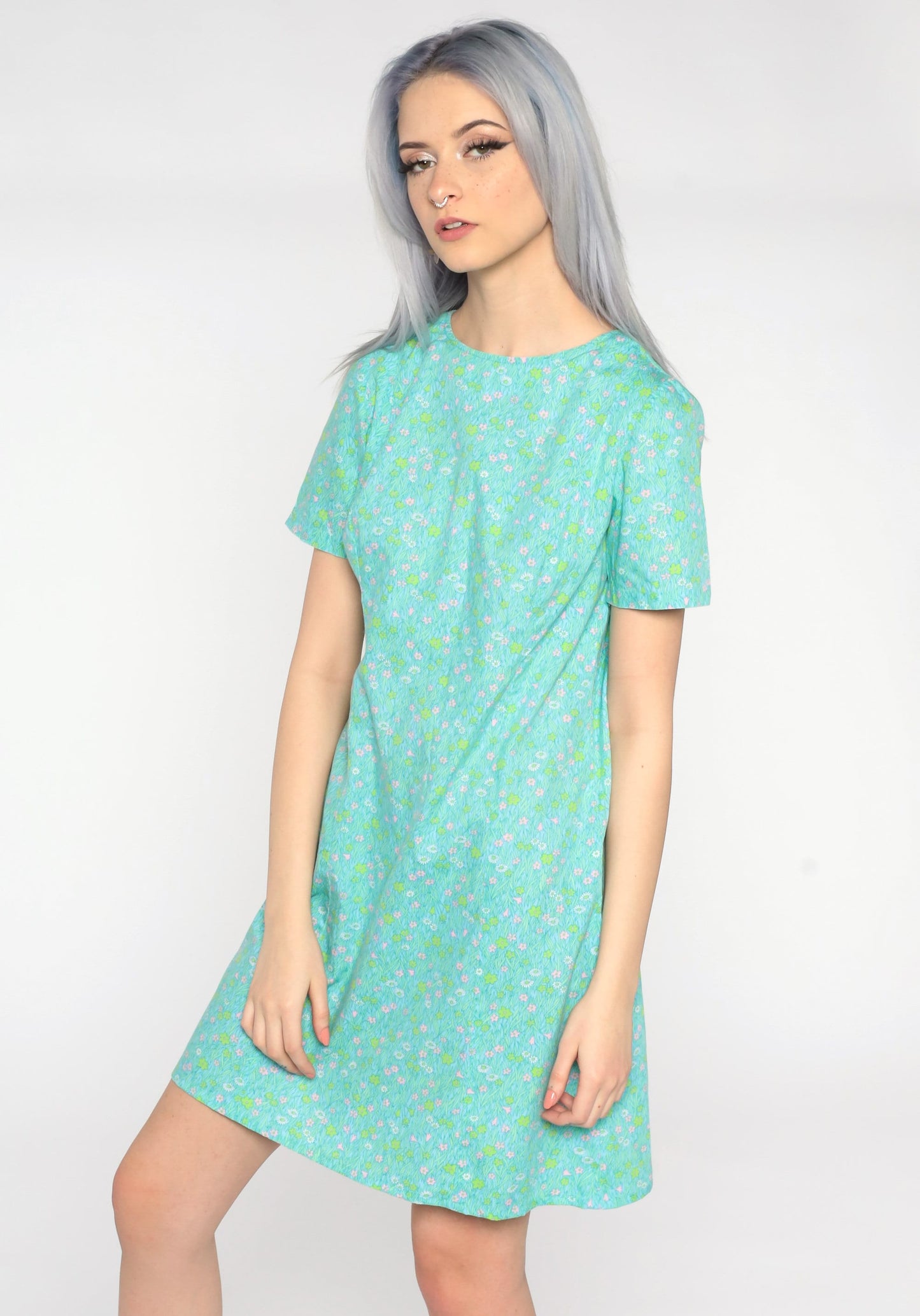 1960s Floral Shift Dress Mini Green Blue Mod Small S