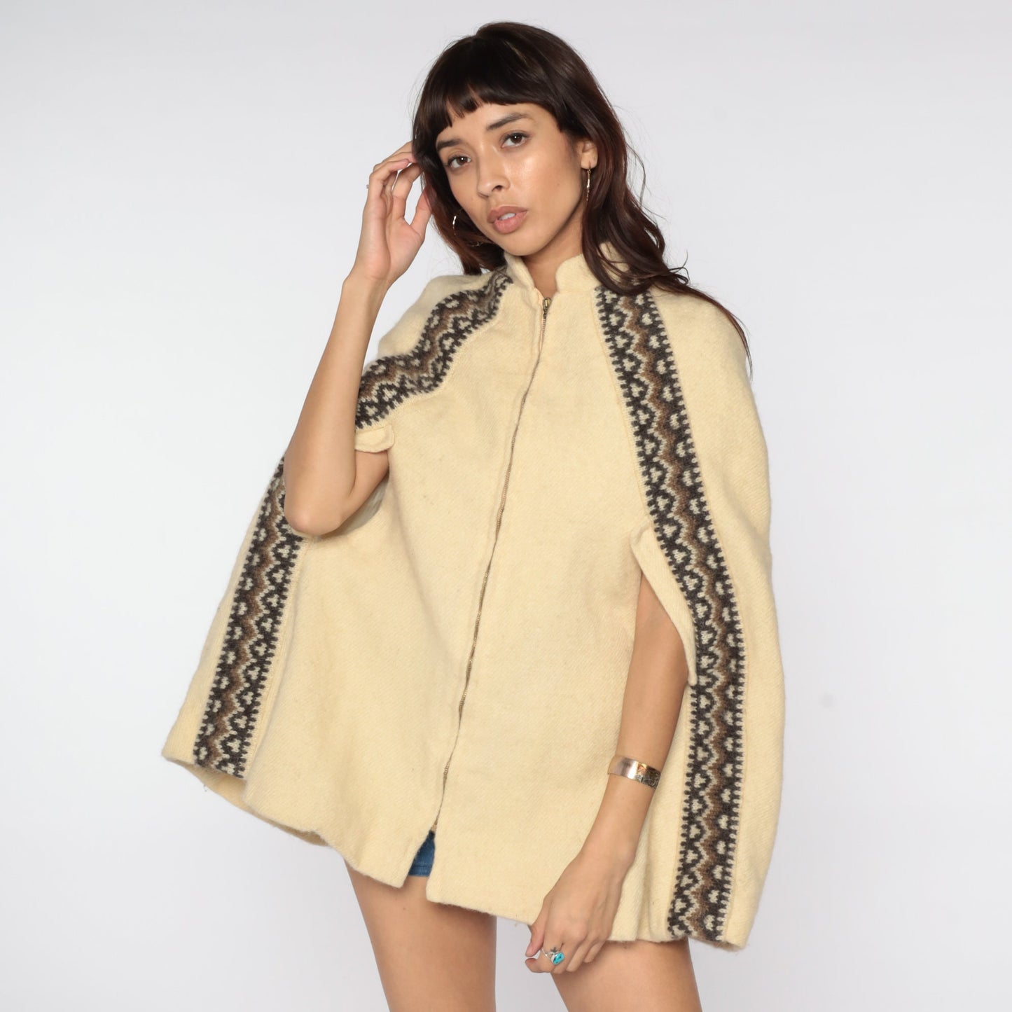 1960s Icelandic Wool Cape Cream Zip Jacket Mod Medium