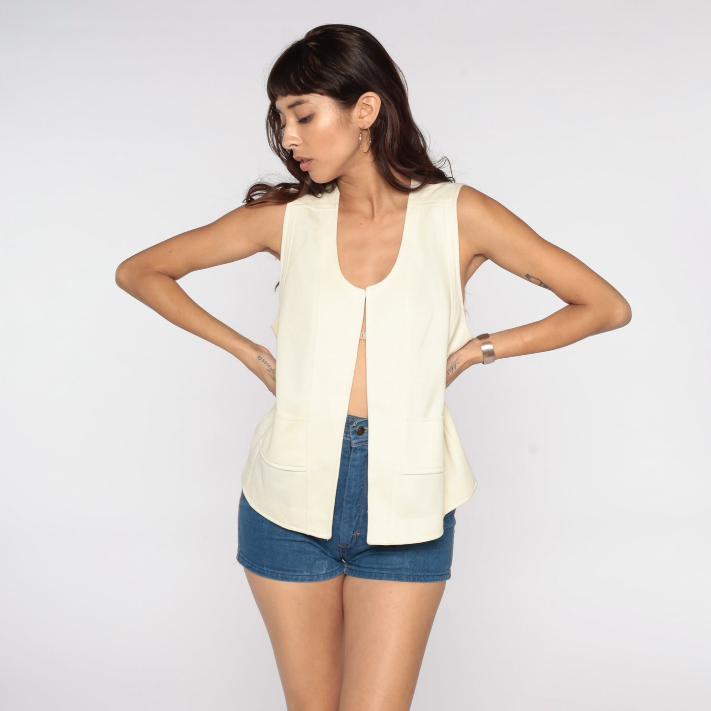 70s Cream Open Front Sleeveless Vest Large L