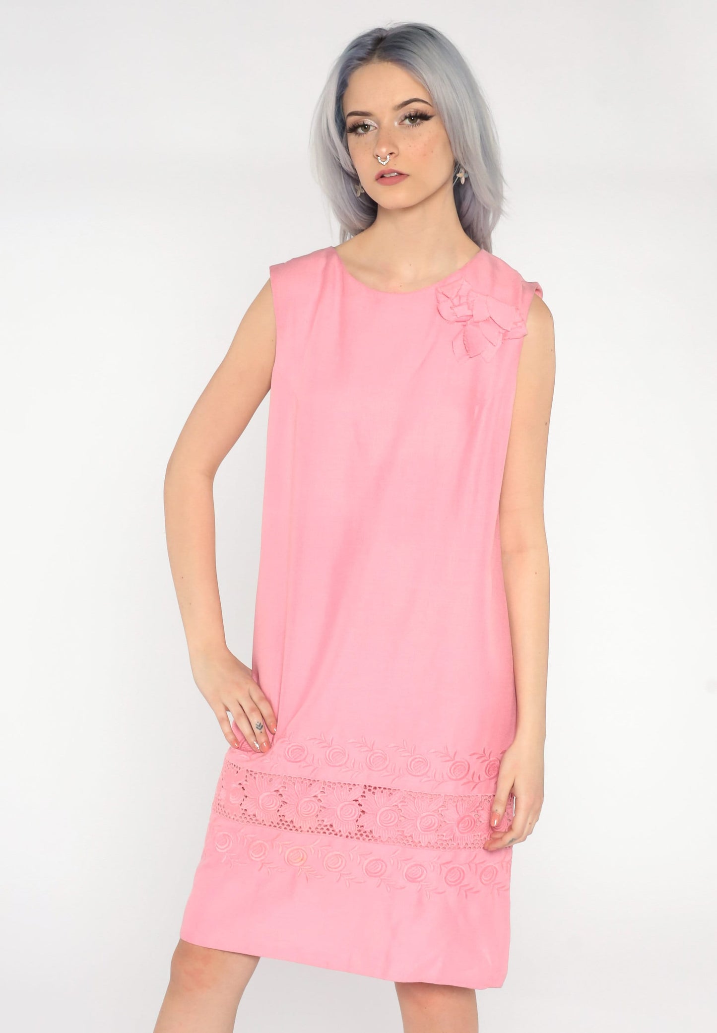 60s Floral Embroidered Shift Mini Dress Pink Sleeveless Small Medium