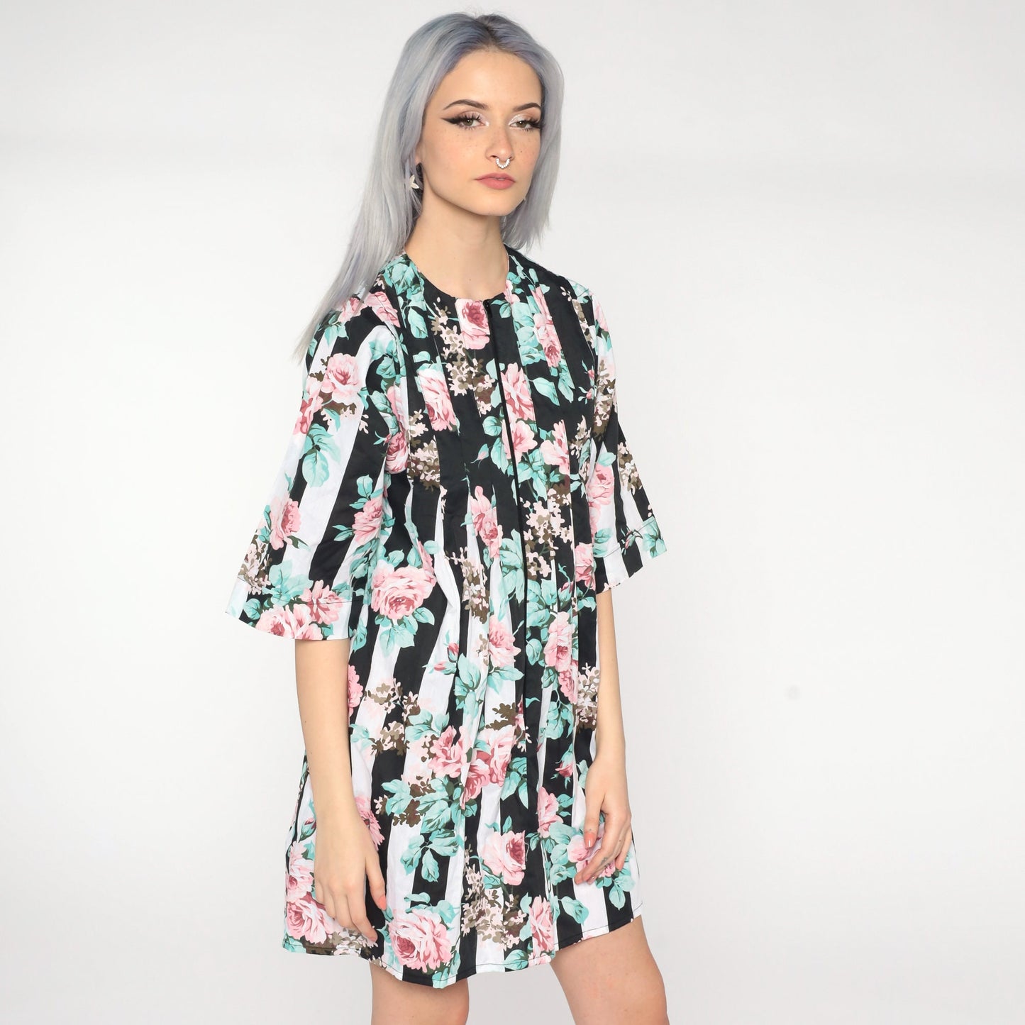 80s Floral Print Mini Dress Front Zip Shift Dress Black White Small
