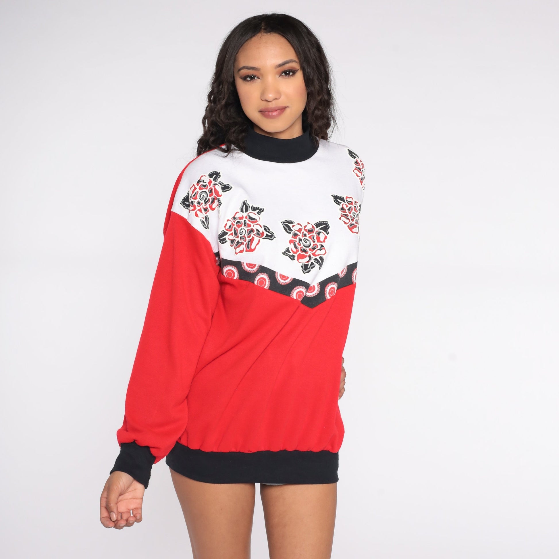 80s Floral Color Block Sweatshirt Red White Black Graphic Crewneck Large