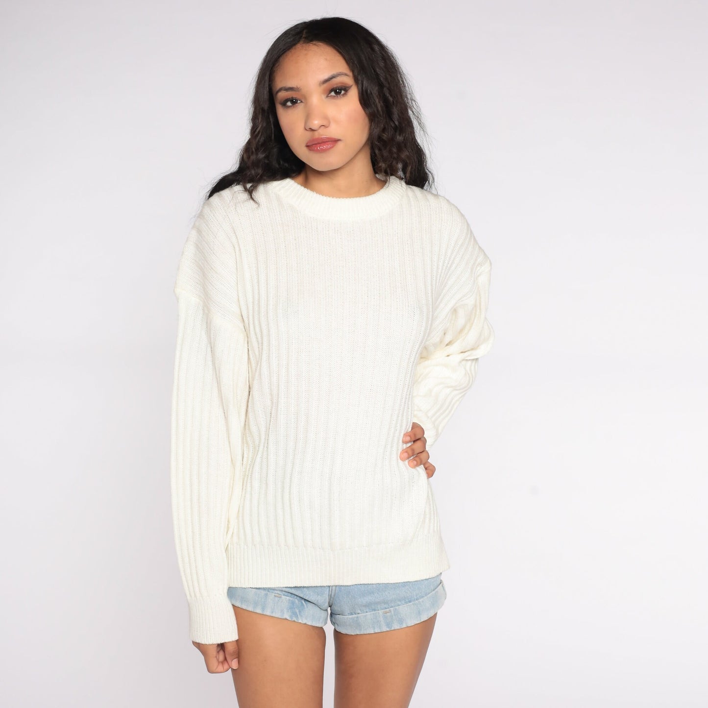 80s Ribbed Cream Knit Crewneck Sweater Men's Large L