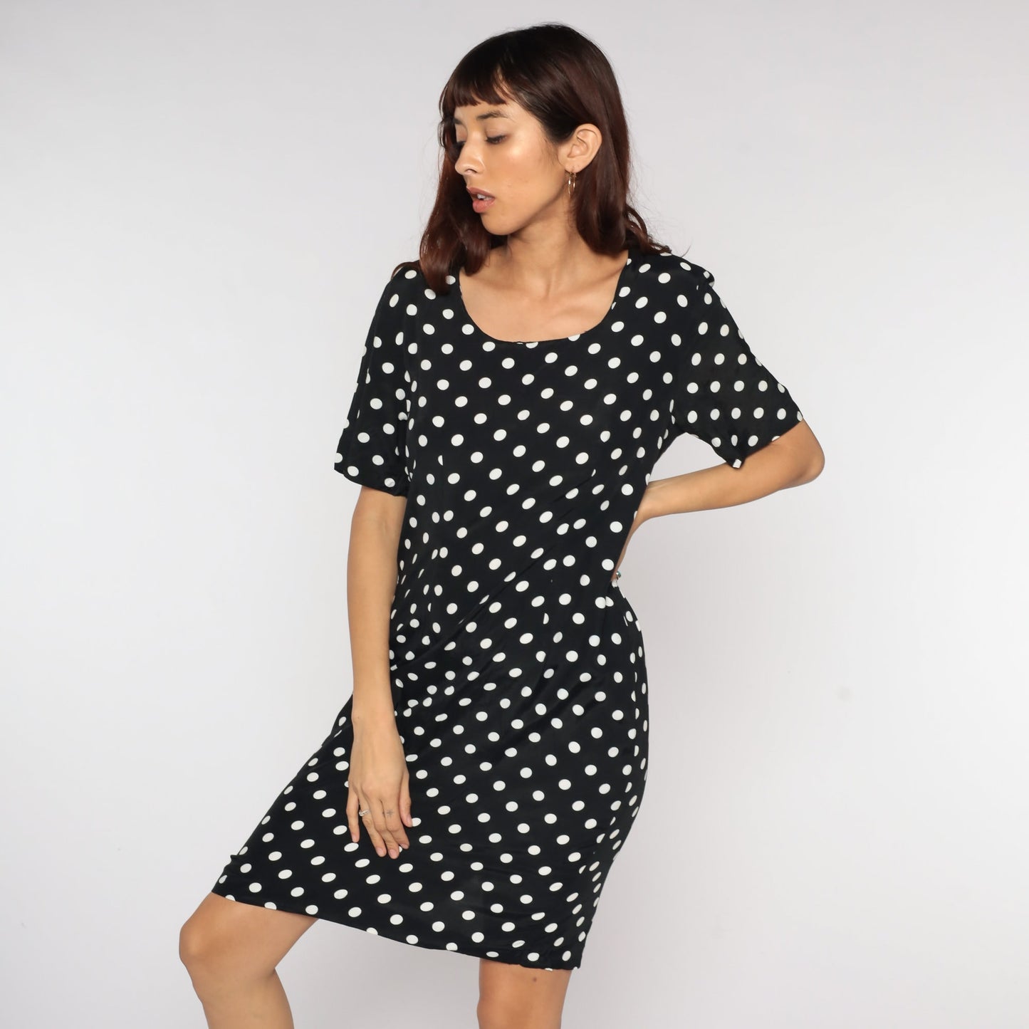 90s Polka Dot Mini Dress Black White Shift Short Sleeve Medium