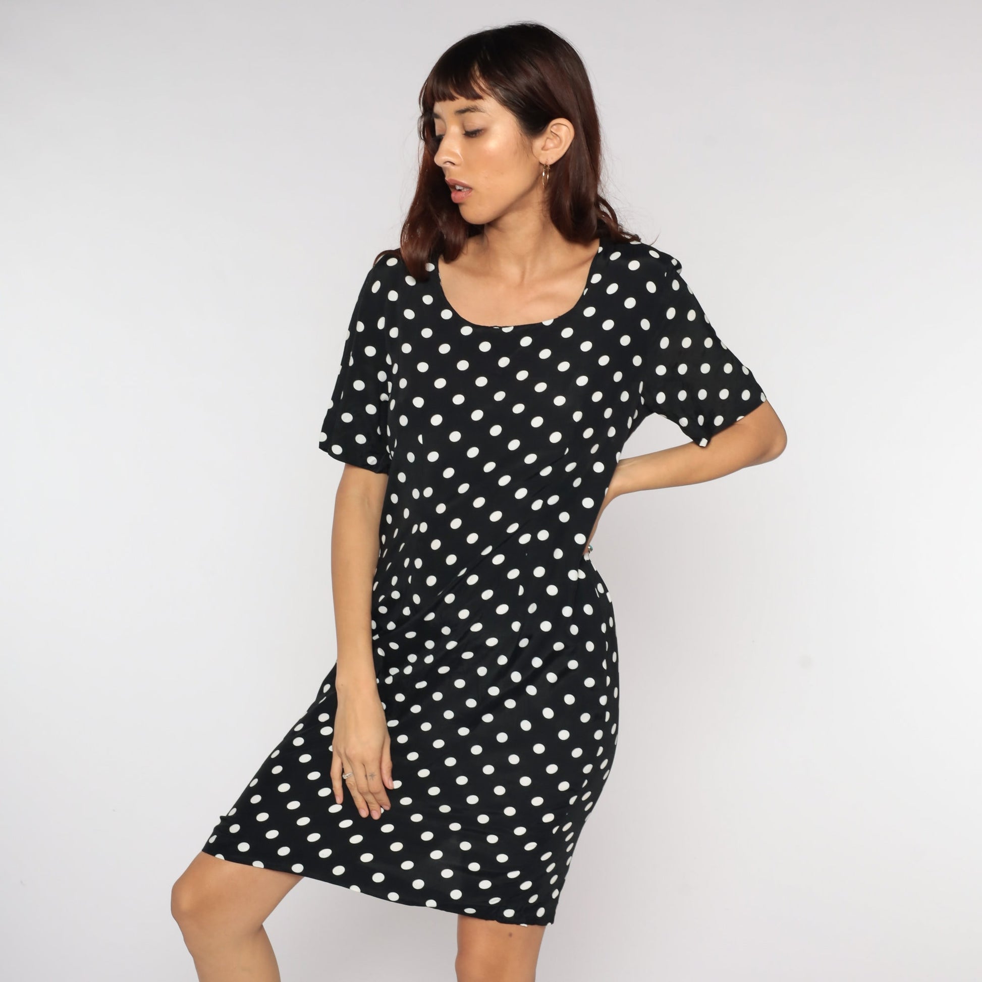 90s Polka Dot Mini Dress Black White Shift Short Sleeve Medium