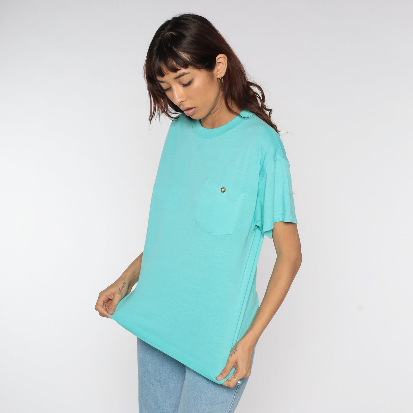 80s Turquoise Blue Pocket T-Shirt Cotton Blend Plain Tee Small S