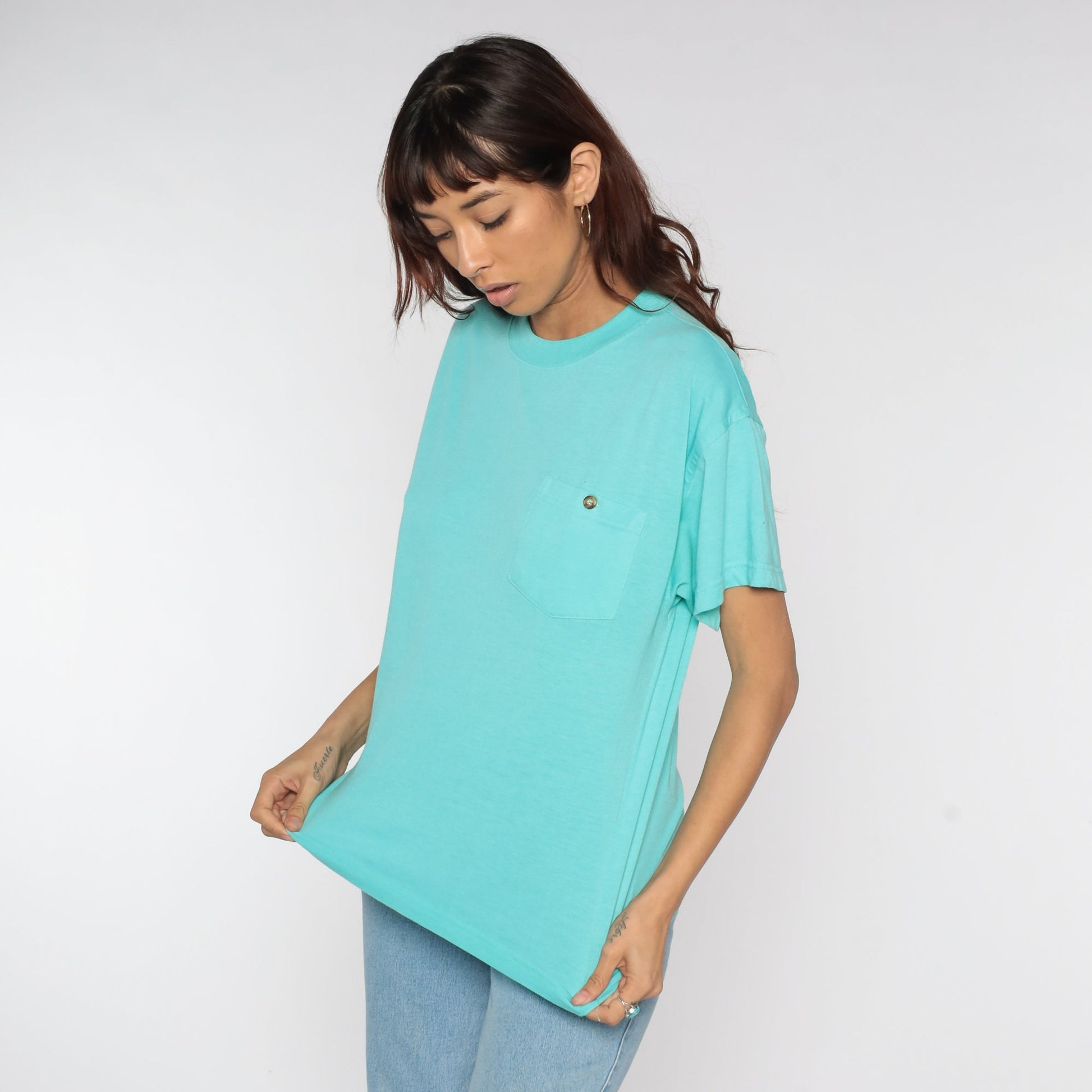 80s Turquoise Blue Pocket T-Shirt Cotton Blend Plain Tee Small S